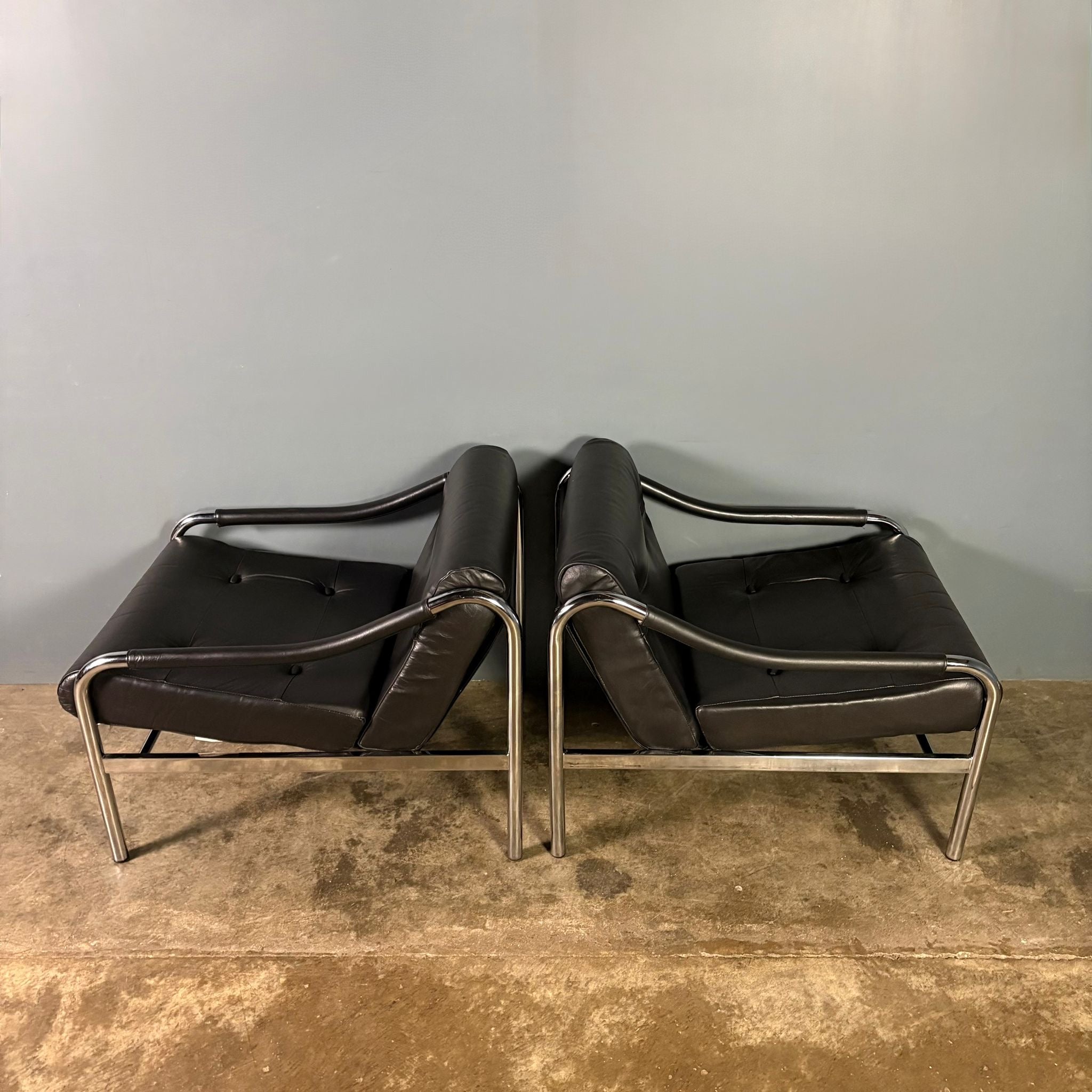 SOLD Mid Century Pair Of Pieff Beta Black Leather Lounge Chairs Vintage Retro MCM