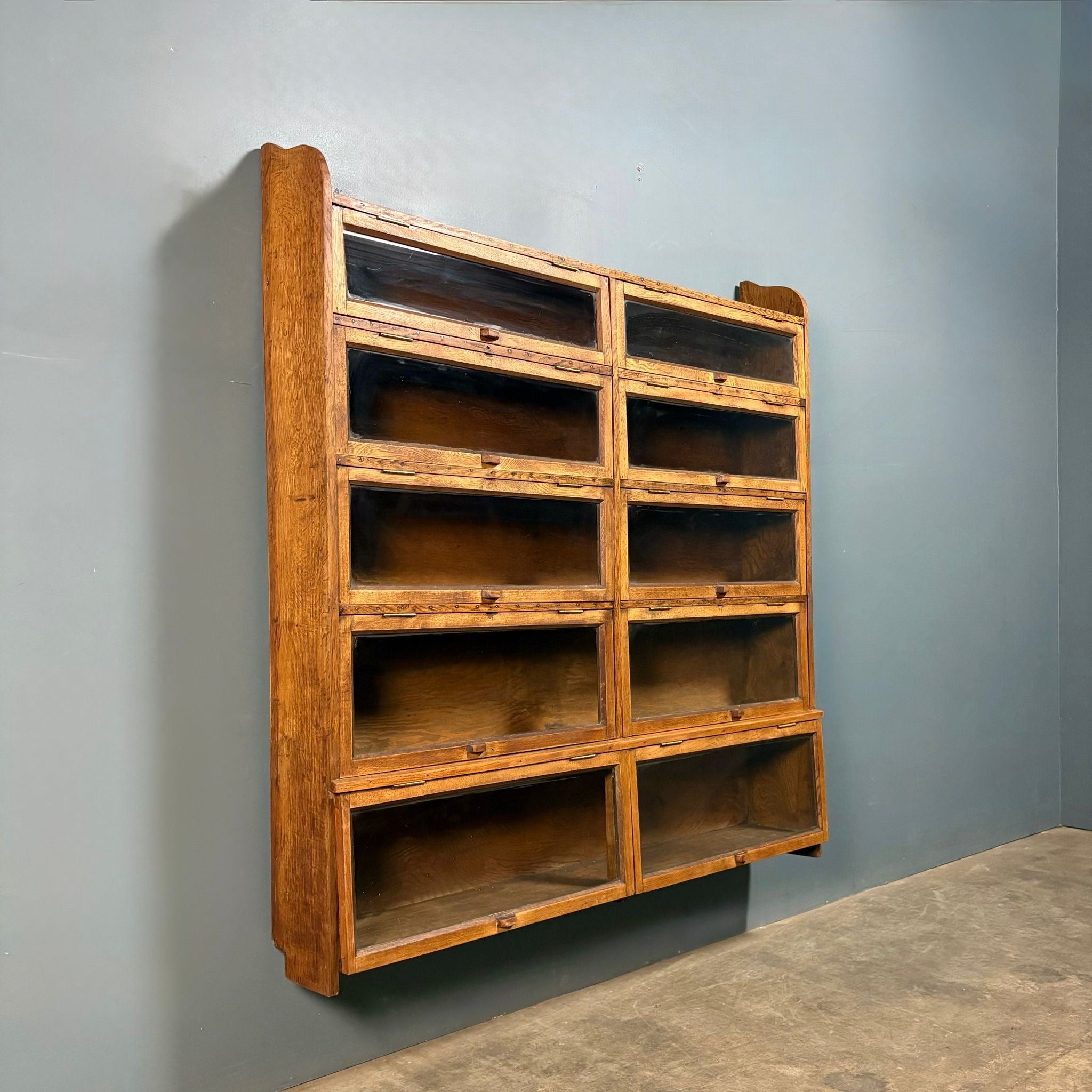 SOLD Antique Oak Haberdashery Wall Hung Ten Door Glass Fronted Cabinet/Bookcase