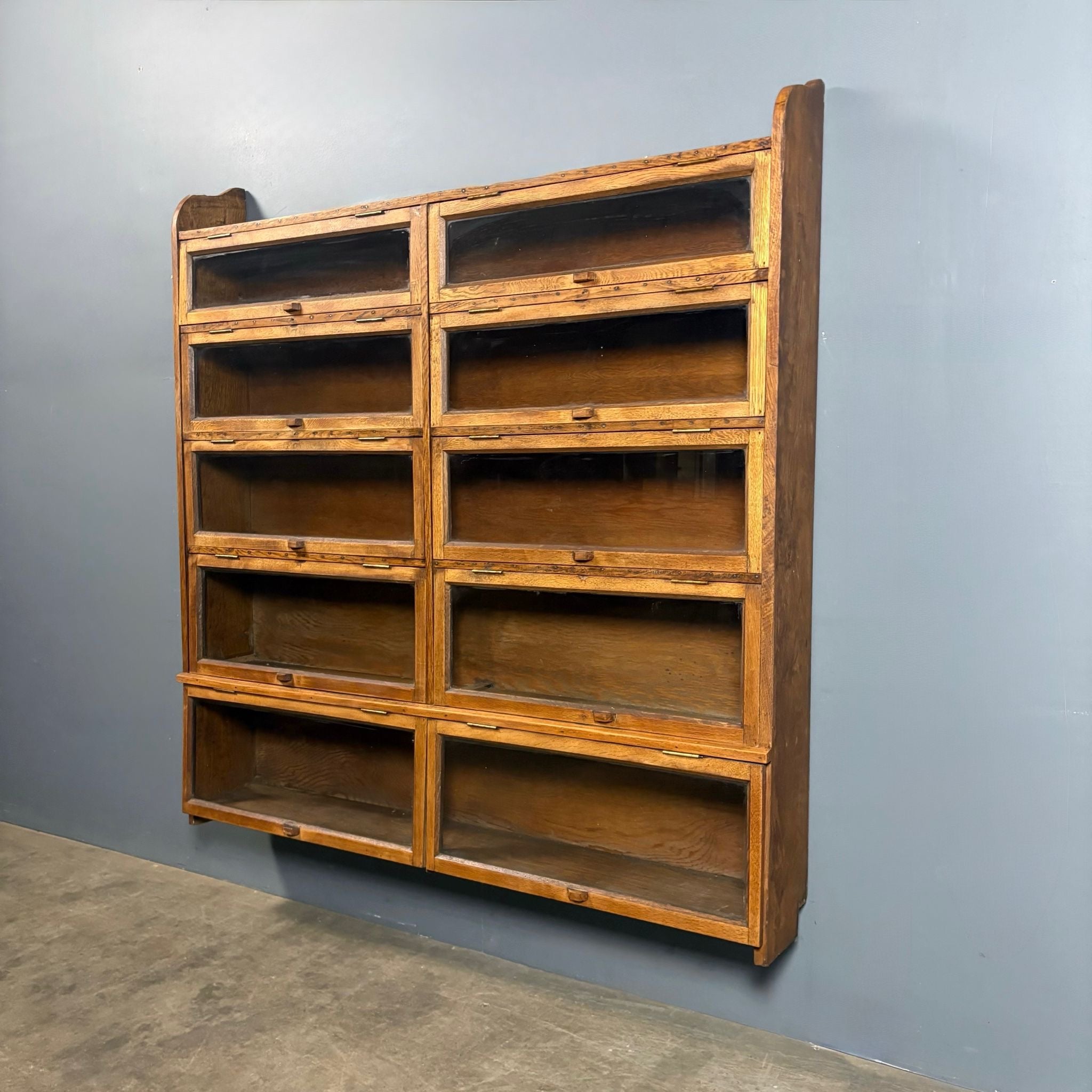 SOLD Antique Oak Haberdashery Wall Hung Ten Door Glass Fronted Cabinet/Bookcase