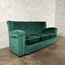 Vintage Art Deco Three Seater Sofa & Pair Of Armchairs In Emerald Turquoise Green Velvet