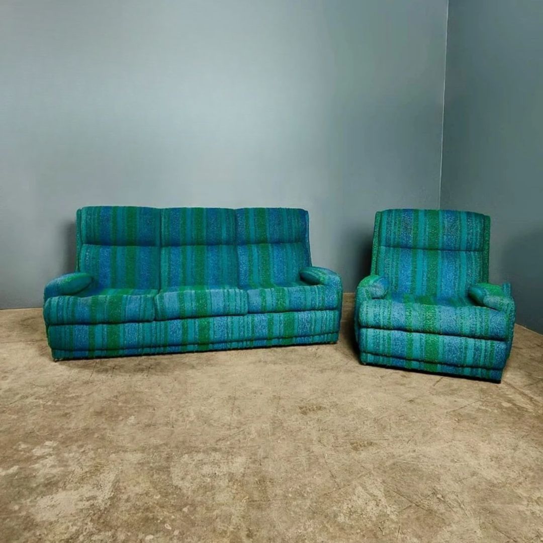 SOLD Mid Century Three Seater Sofa With Matching Armchair Blue & Green Vintage Retro MCM