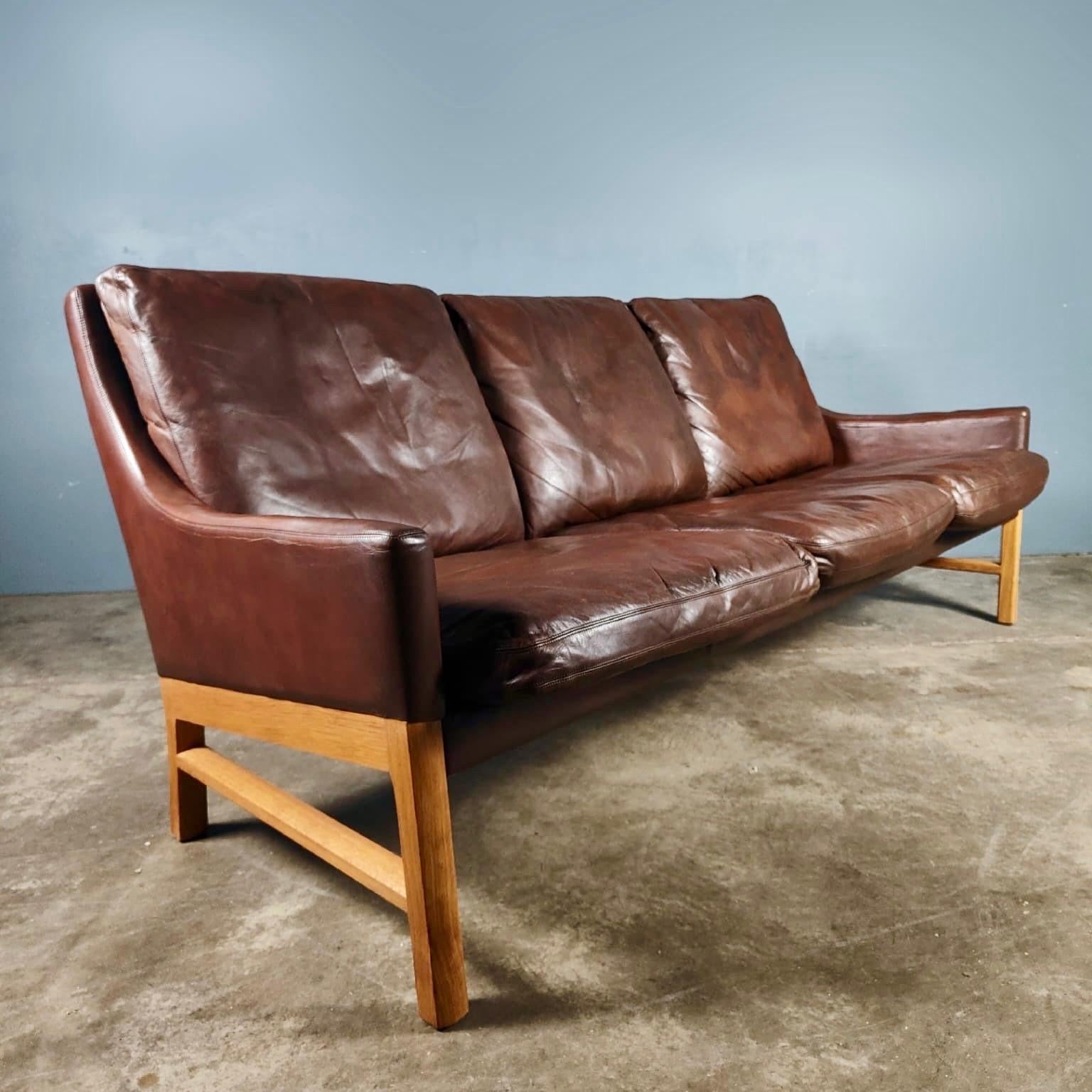 Erik Ole Jørgensen Model 224 Brown Leather Oak Three Seater Sofa Mid Century Vintage Retro MCM