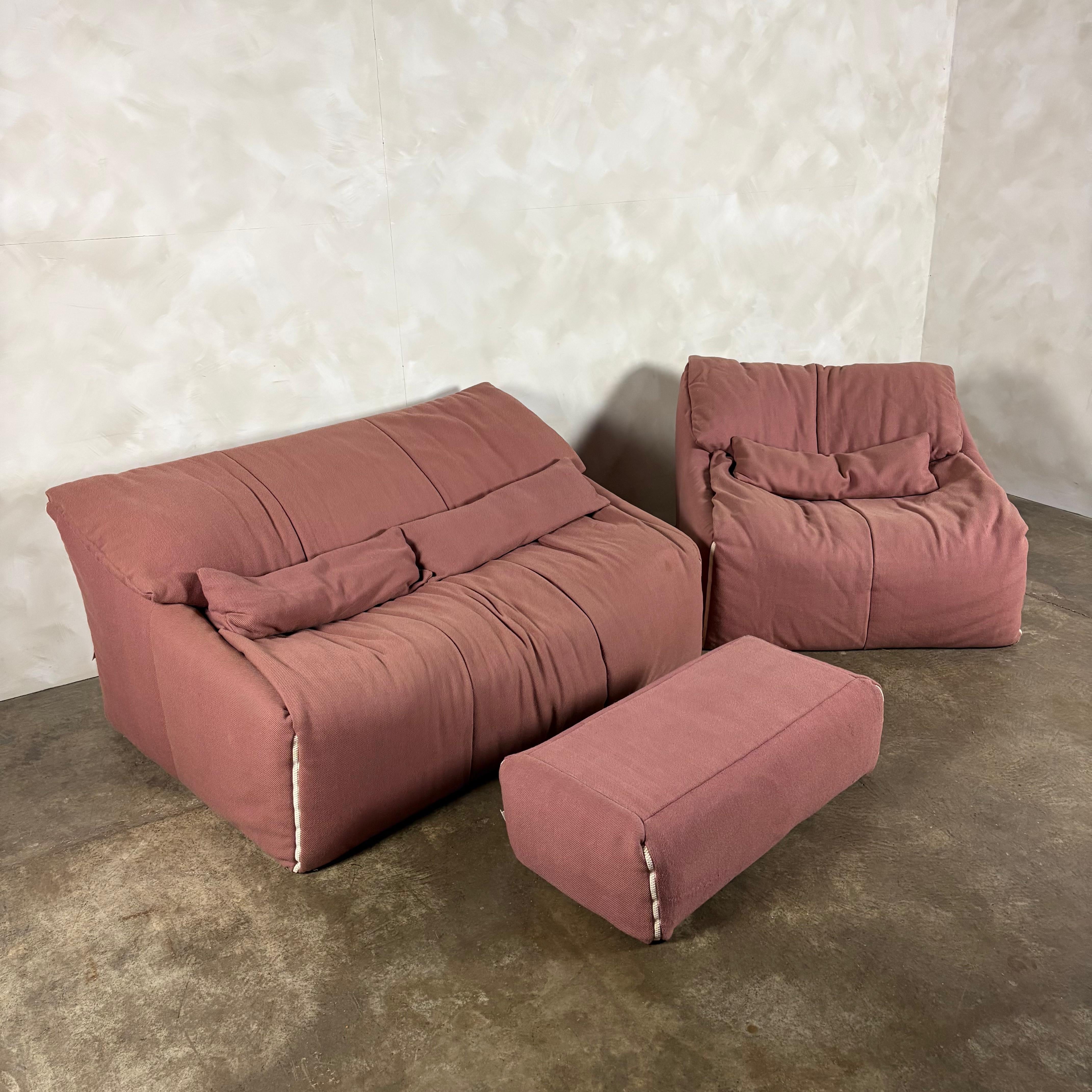 Pink Two Seater Sofa, Armchair & Footstool Annie Hiéronimus Ligne Roset 1980 Post Modern Cinna Mid Century Vintage Retro MCM