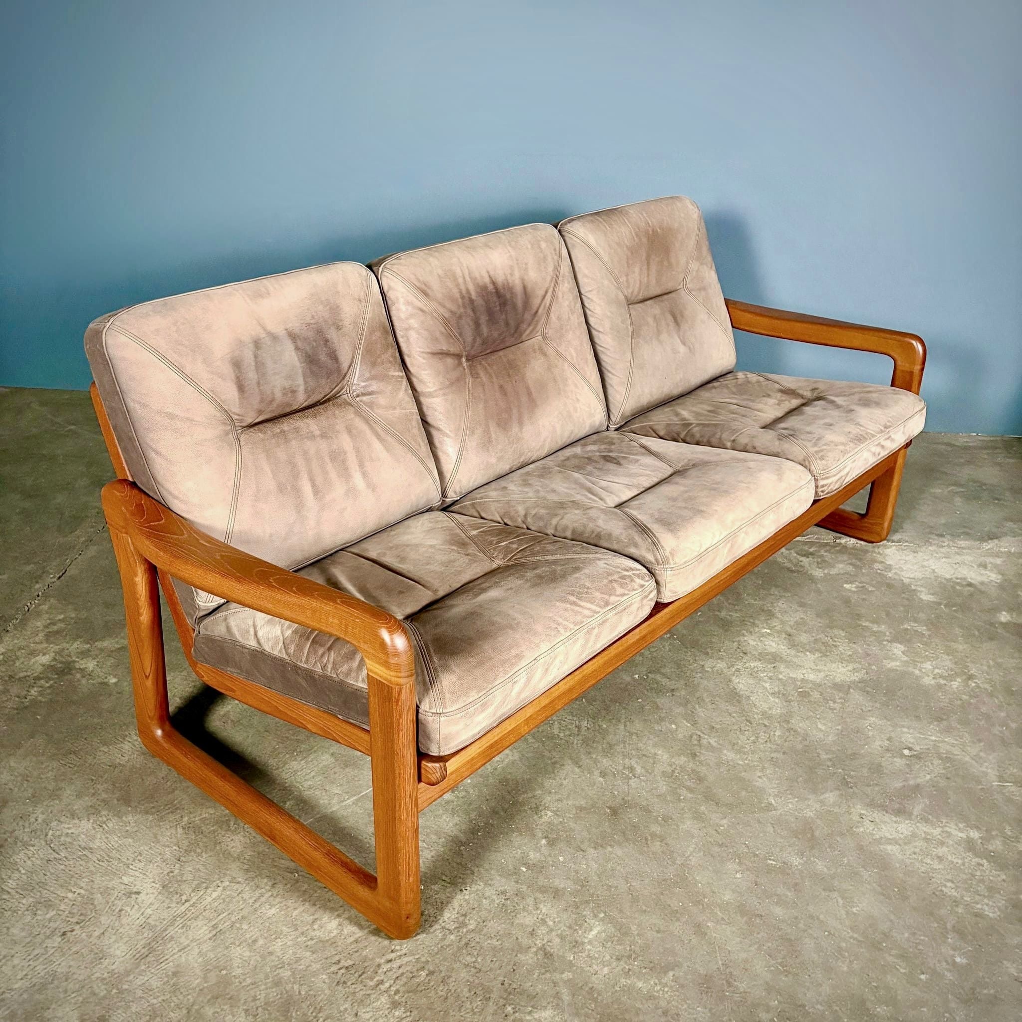 Three Seater Sofa Teak Brown Leather By Poul Jeppesen For Holstebro Møbelfabrik Danish Mid Century Vintage Retro MCM