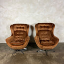 SOLD Pair Of 1970s Vono Swivel Egg Lounge Chairs In Caramel Tan Light Brown Velvet Mid Century Vintage Retro MCM