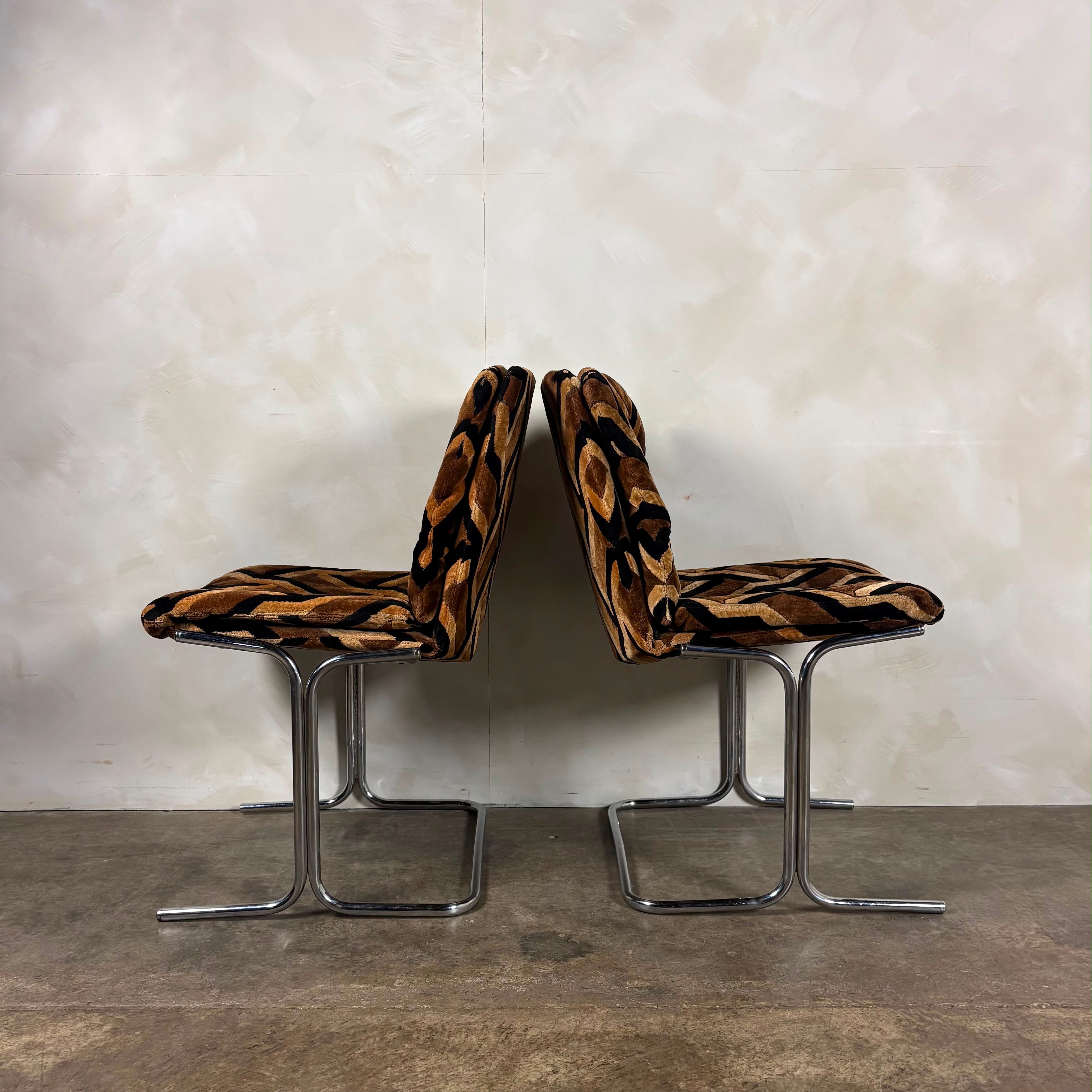 Pair Of Mid Century Pieff Eleganza Chrome Geometric Dining Chairs Vintage Retro MCM
