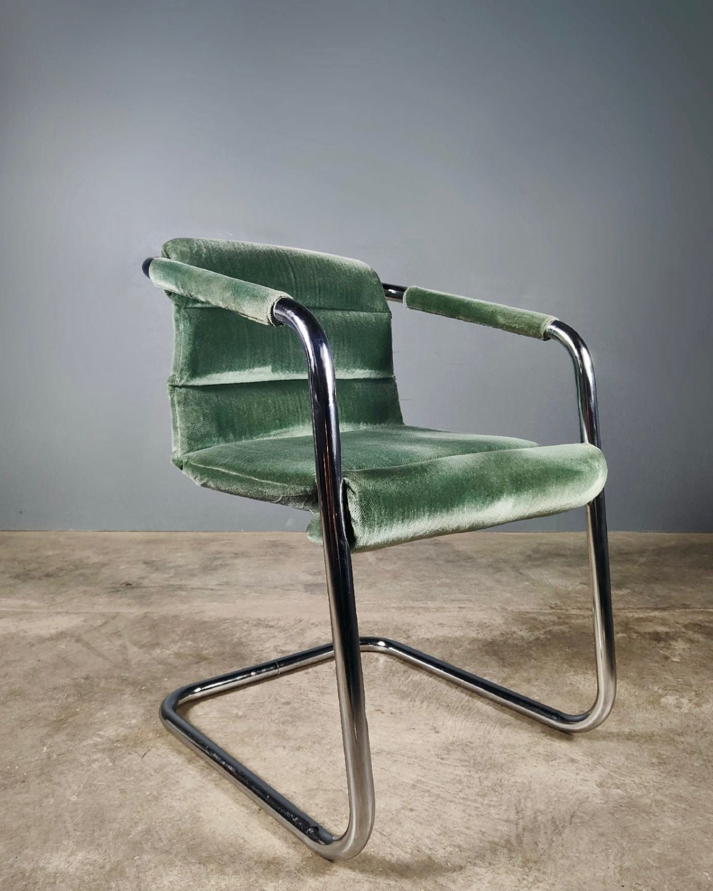 SOLD 4 x Pieff Green Velvet Chrome Cantilever Dining Chairs Mid Century Vintage Retro MCM