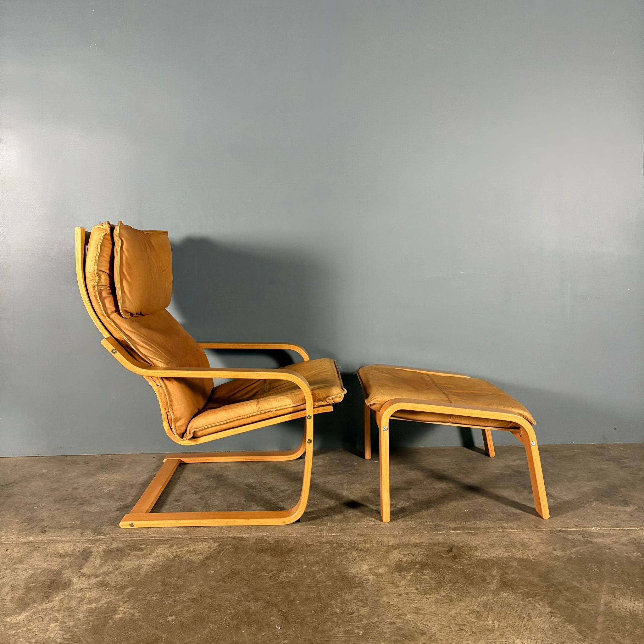 SOLD Pair Of Vintage Ikea Poäng Poem Armchairs & Matching Footstool Tan Brown Leather Mid Century Retro MCM