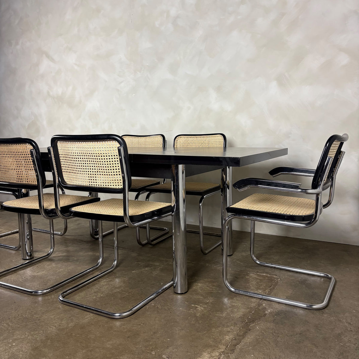 Six Black Marcel Breuer Cesca Bauhaus Dining Chairs With Matching Extending Dining Table Mid Century Vintage Retro MCM
