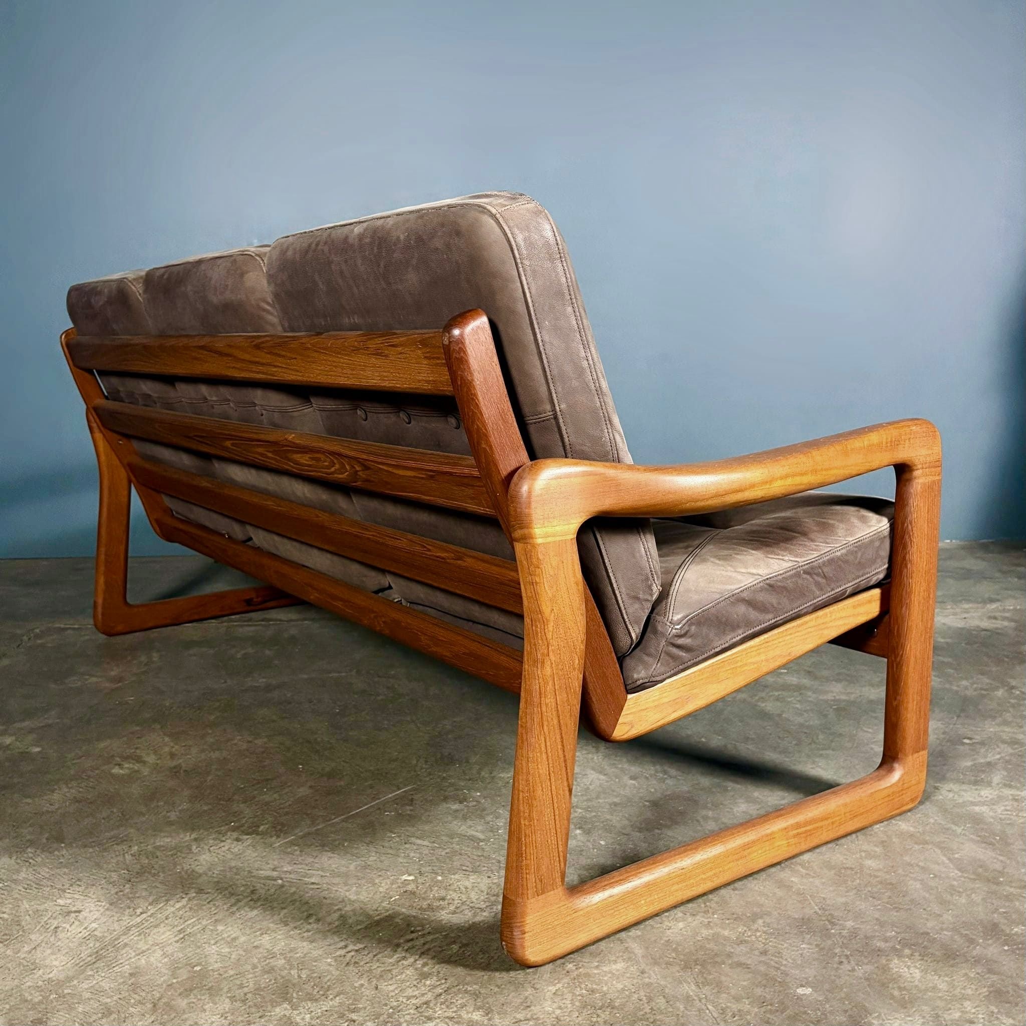 Three Seater Sofa Teak Brown Leather By Poul Jeppesen For Holstebro Møbelfabrik Danish Mid Century Vintage Retro MCM
