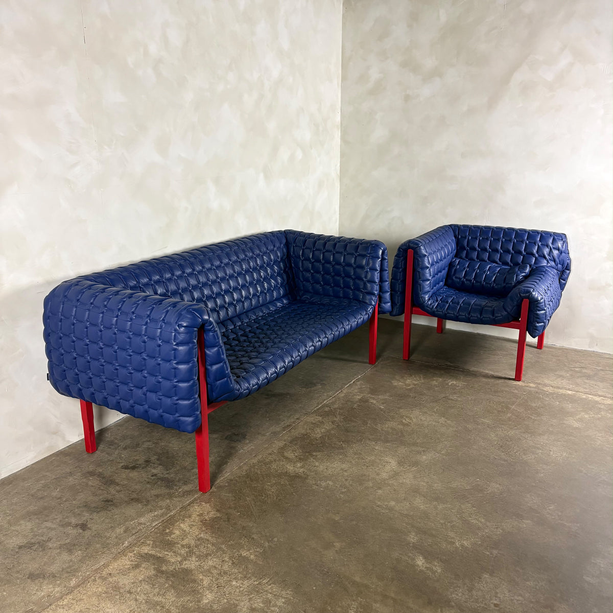 Ligne Roset Ruché Three Seater Sofa & Armchair By Inga Sempé In Blue Leather & Red Frame Vintage Retro