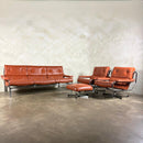 Mid Century Pieff Alpha Tan Brown Leather Three Seater Sofa & Two Swivel Lounge Chairs With Footstool Vintage Retro MCM