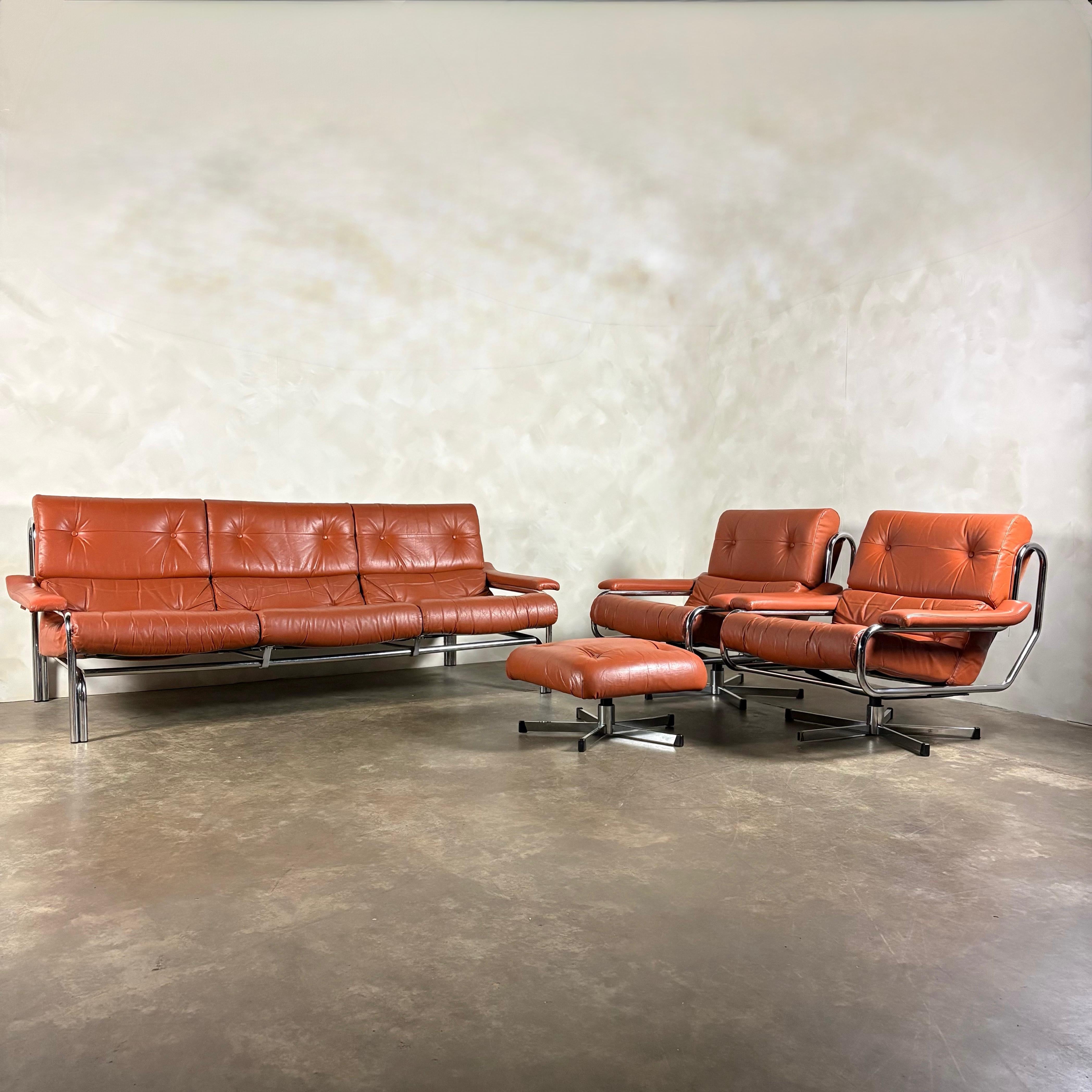 Mid Century Pieff Alpha Tan Brown Leather Three Seater Sofa & Two Swivel Lounge Chairs With Footstool Vintage Retro MCM