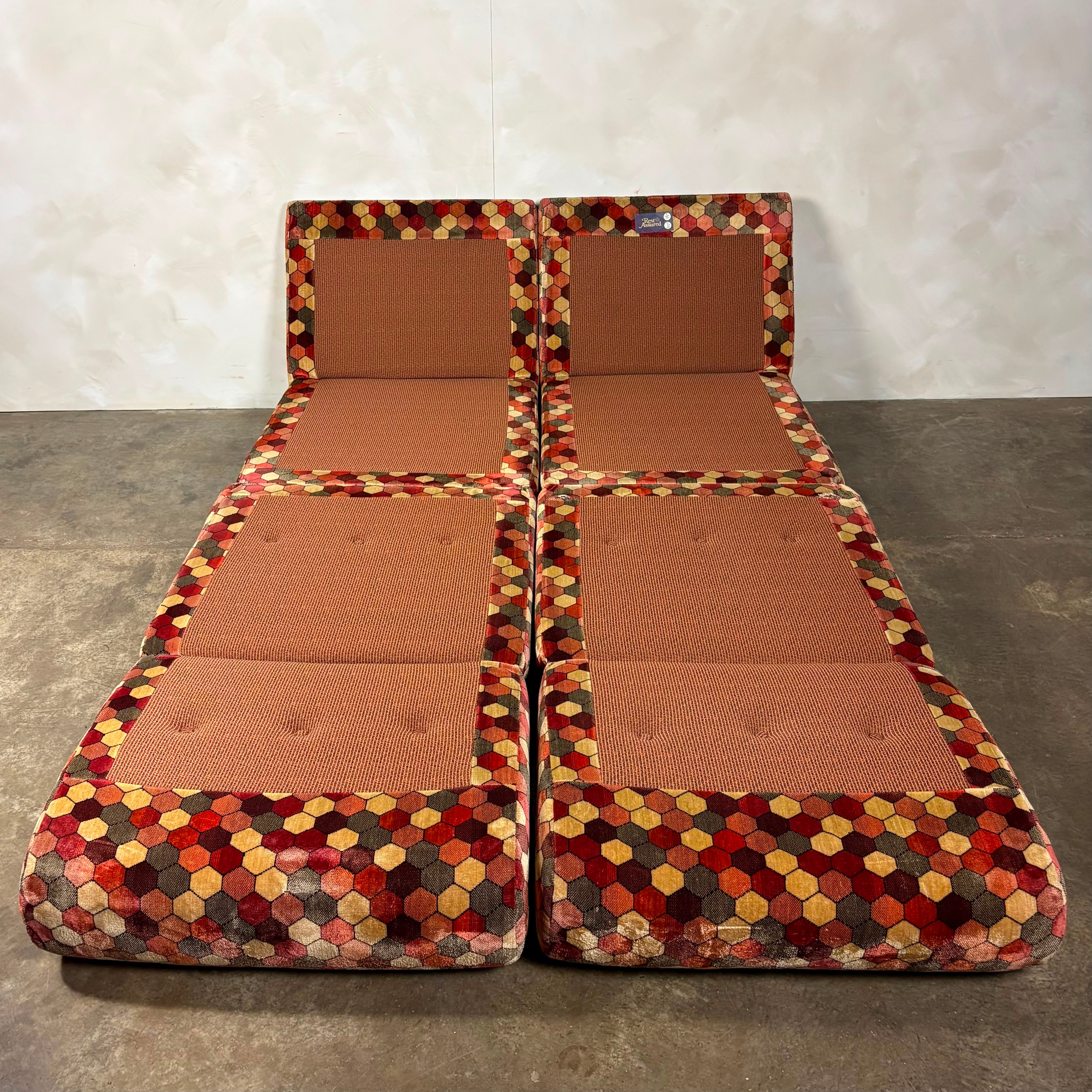Pair Of Geometric Patterned Fold Out Lounge Chairs/Sofa Beds Rest Assured Mid Century Vintage Retro MCM