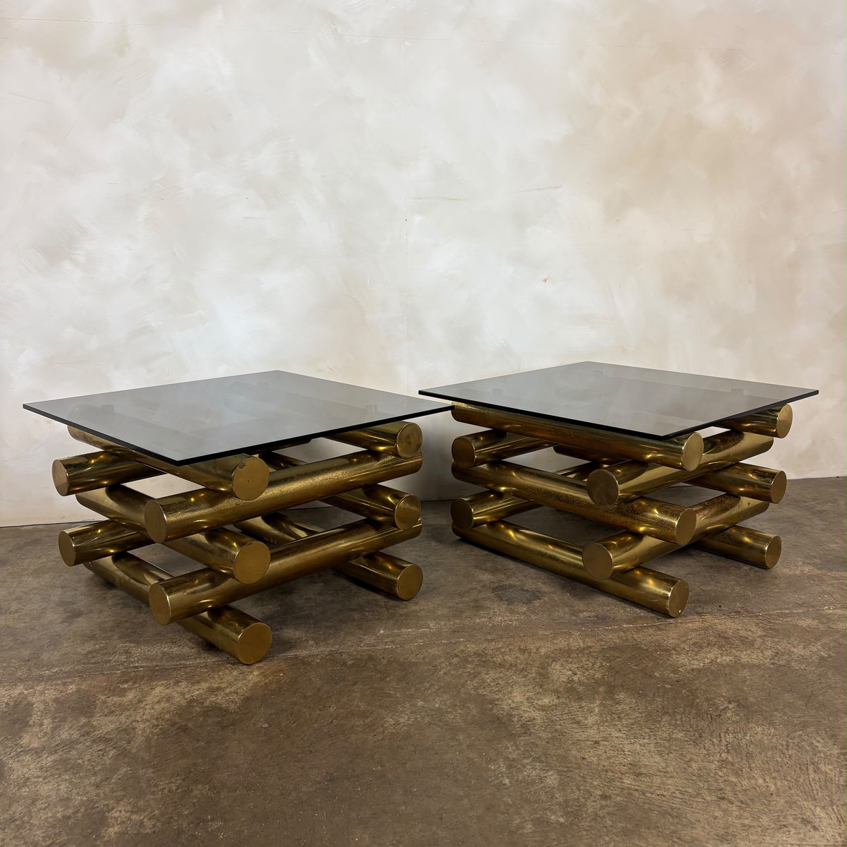 Pair Of Pieff Brass & Smoked Glass Side/Coffee Tables 1970s Mid Century Vintage Retro MCM