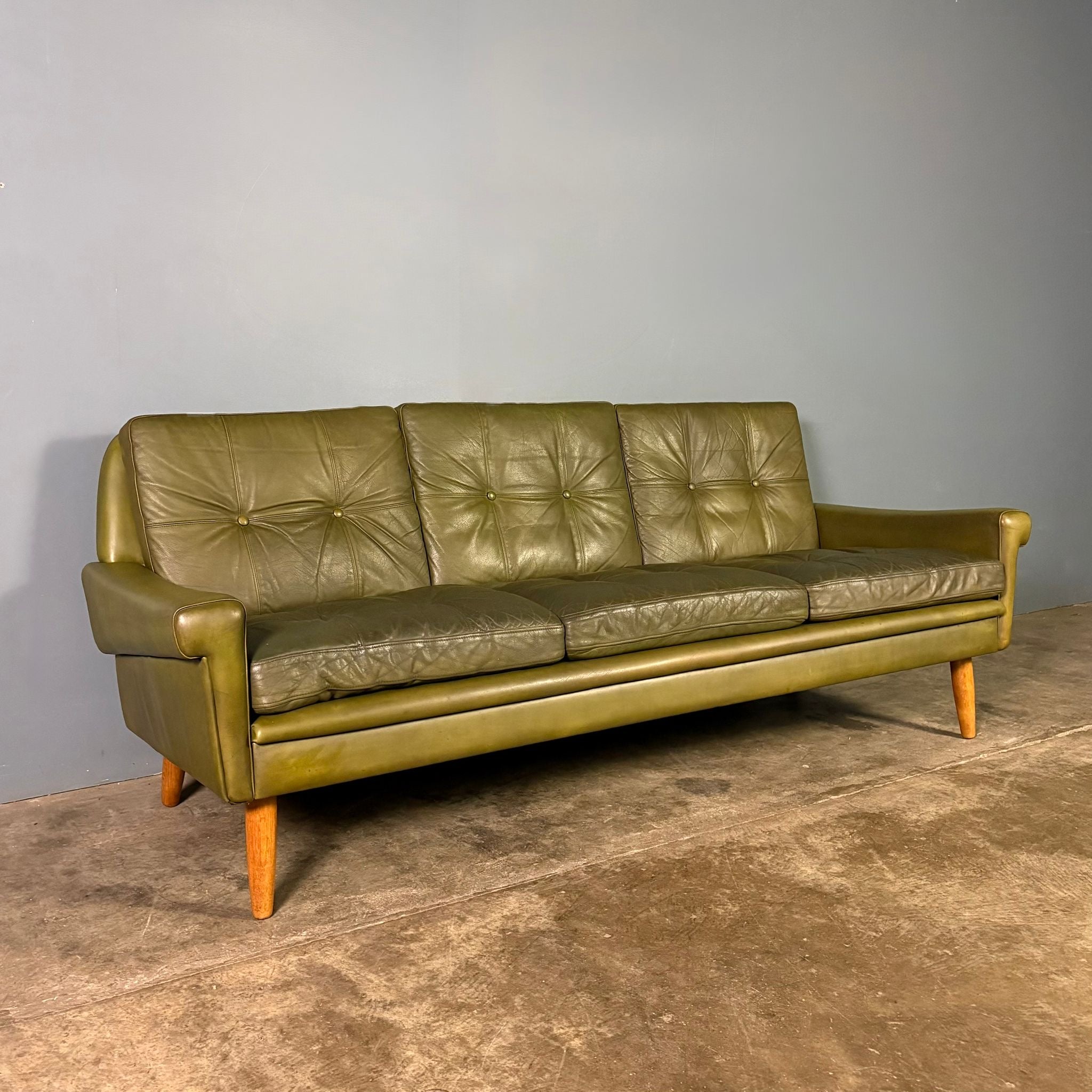 SOLD Mid Century Danish Svend Skipper Three Seater Sofa Green Leather Vintage Retro MCM