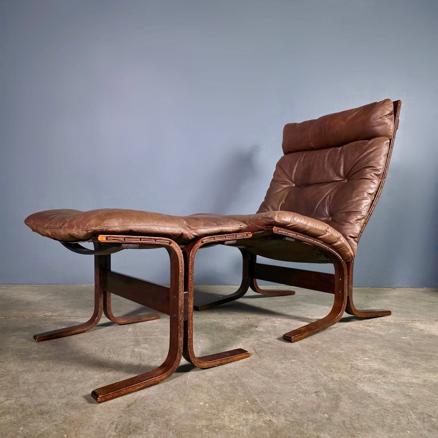 Siesta Leather Lounge Chair & Footstool By Ingmar Relling For Westnofa Mid Century Vintage Retro MCM