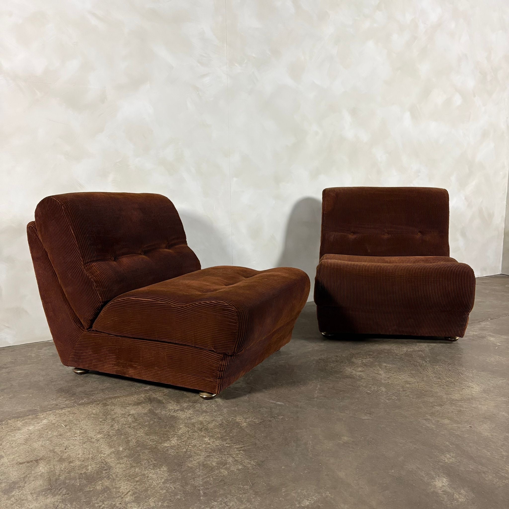 Pair Of Brown Corduroy Lounge Chairs Sofa Beds Rest Assured Mid Century Vintage Retro MCM