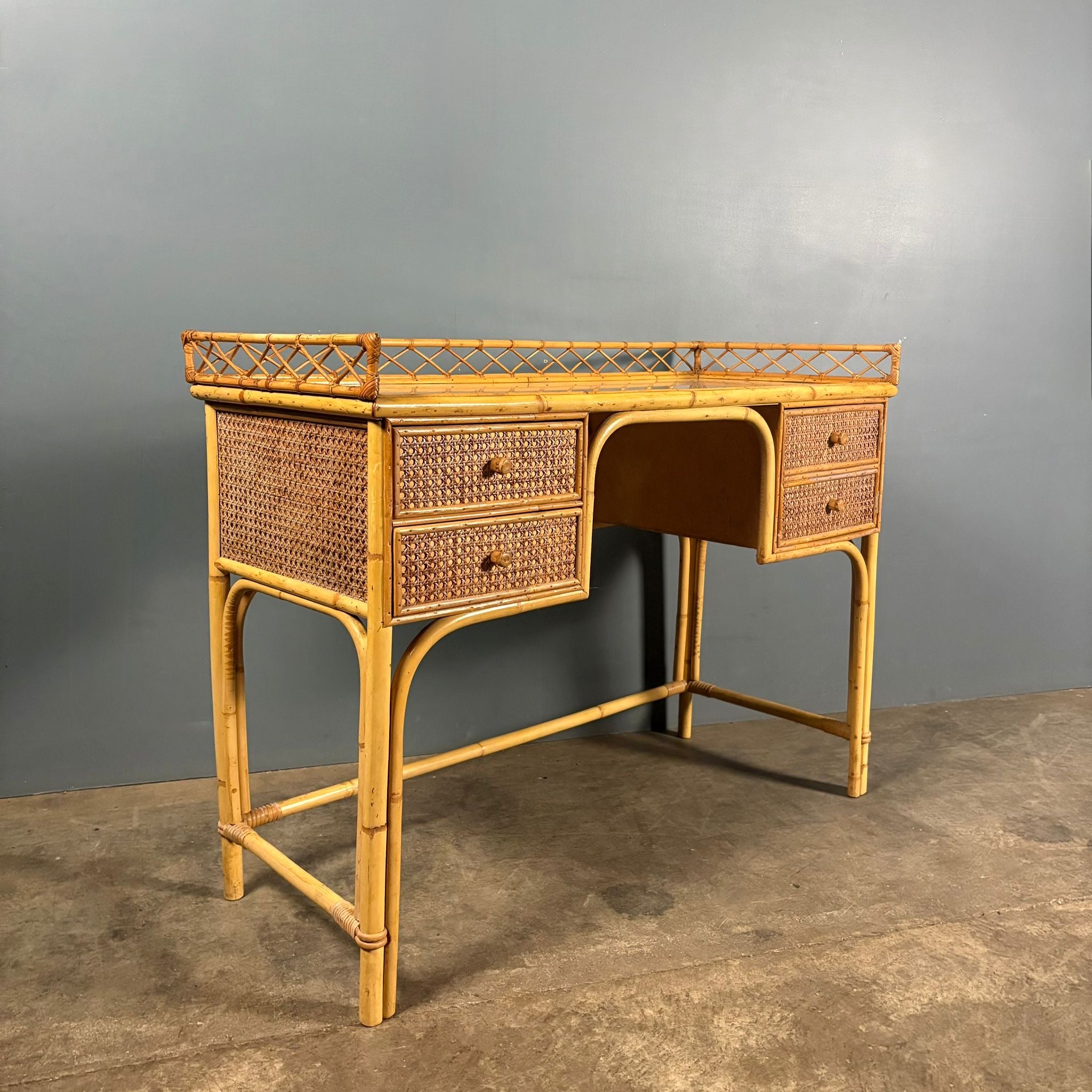 Mid Century Angraves Of Leicester Dressing Table/Desk & Stool Bamboo Cane & Rattan Vintage Retro MCM
