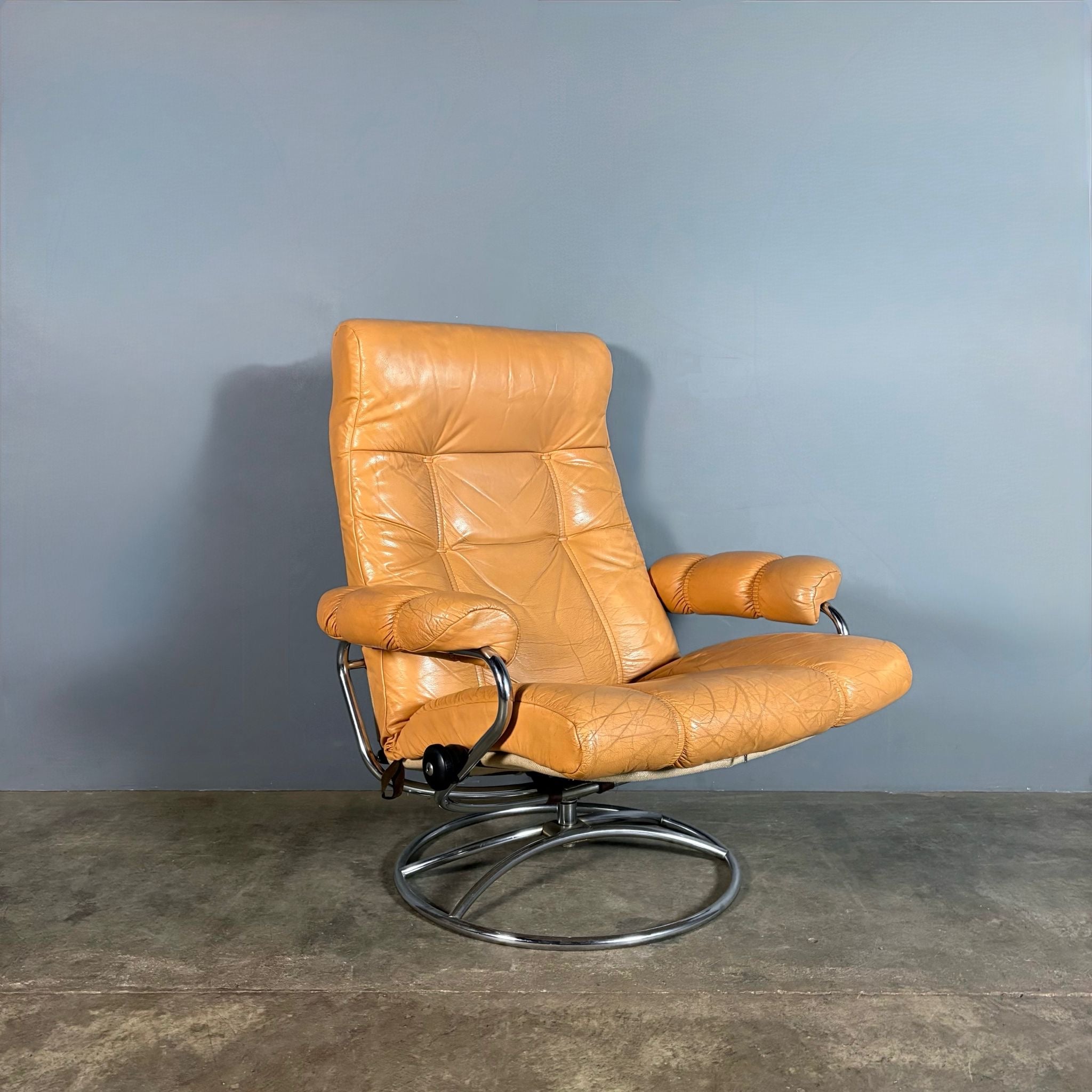 SOLD Pair Of Mid Century Leather & Chrome Ekornes Stressless Reclining Armchairs & Footstools Vintage Retro MCM