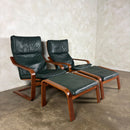 Pair Of Vintage Ikea Poäng Poem Armchairs & Matching Footstools Green Leather Mid Century Retro MCM