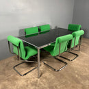 Six Green Italian Pace Chrome Dining Chairs & Glass Dining Table Mid Century Vintage Retro MCM