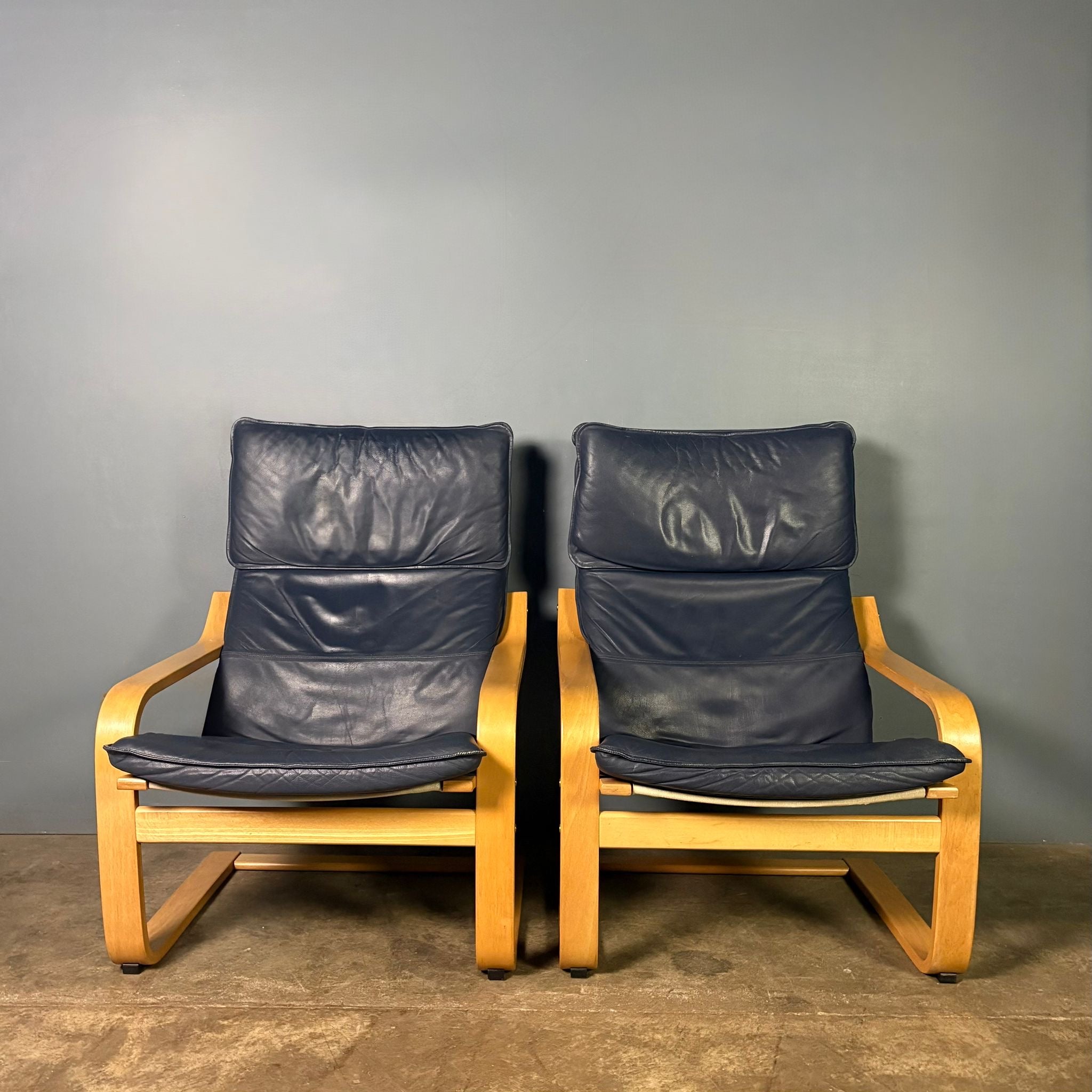Pair Of Vintage Ikea Poäng Poem Armchairs Navy Blue Leather Mid Century Retro MCM