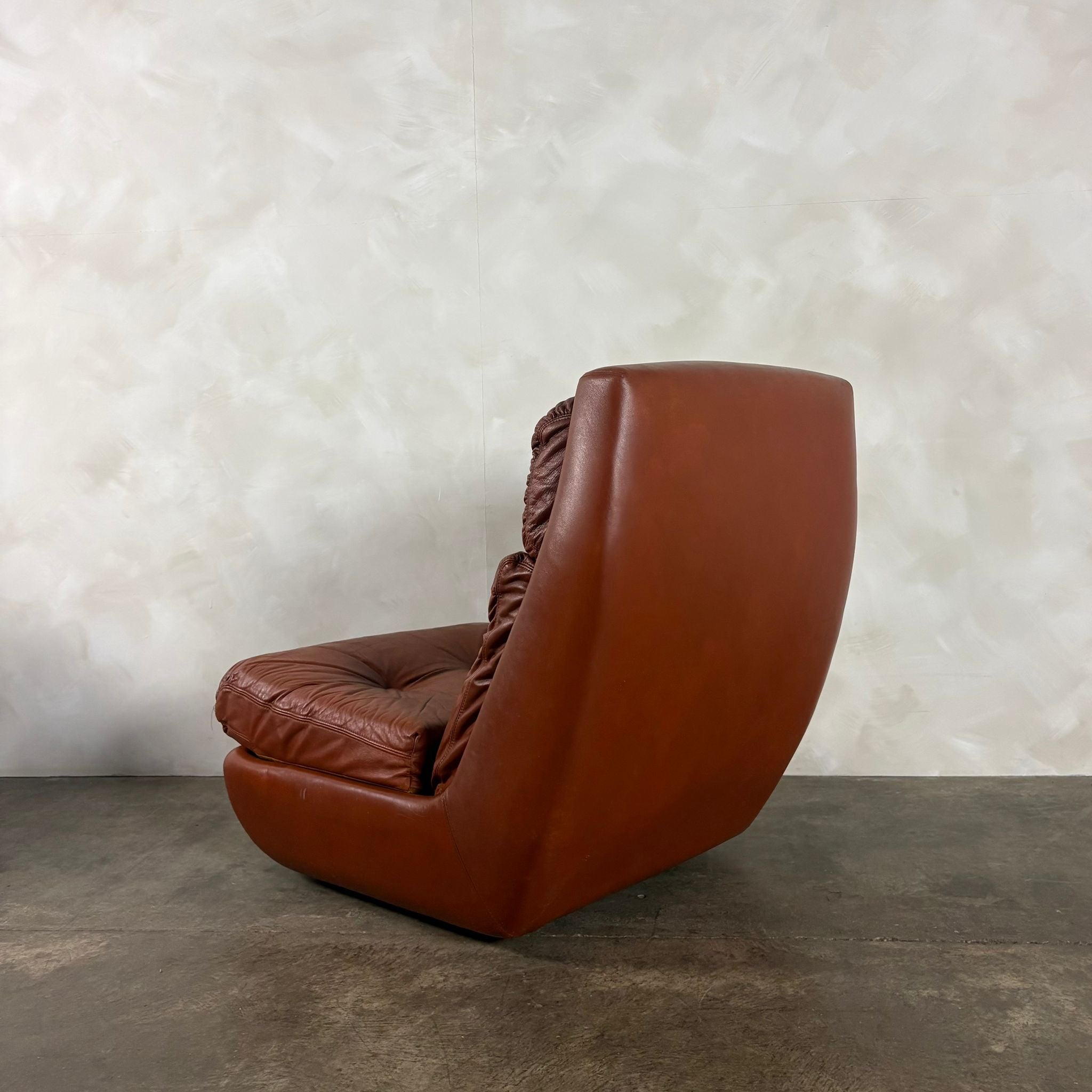 SOLD Pair Of Jean Prévost French 1970s Brown Tan Leather Lounge Chairs Mid Century Vintage Retro MCM
