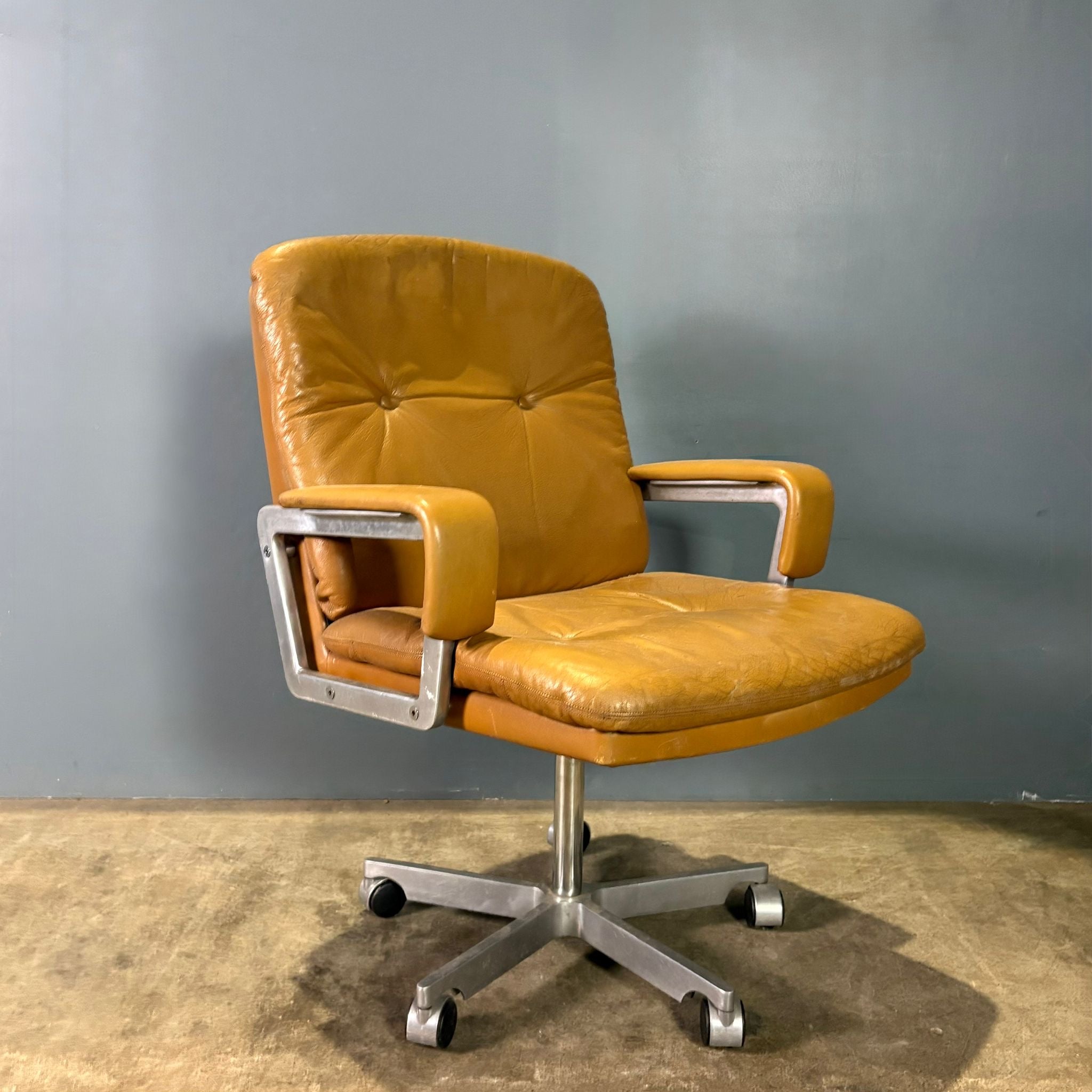 Office Chair André Vandenbeuck For Arflex Style Tan Cognac Leather Mid Century Vintage Retro MCM