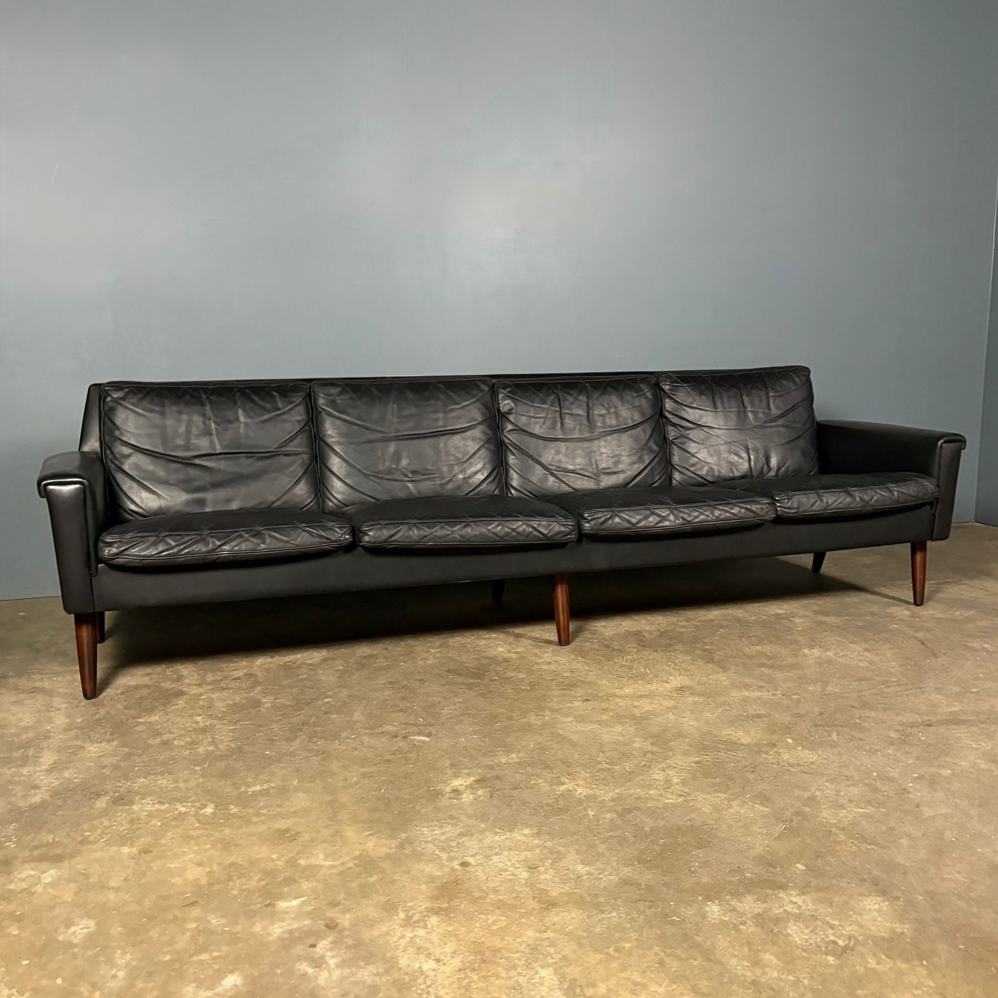 Black Leather Four Seater Sofa Danish 1960s Mid Century Vintage Retro MCM