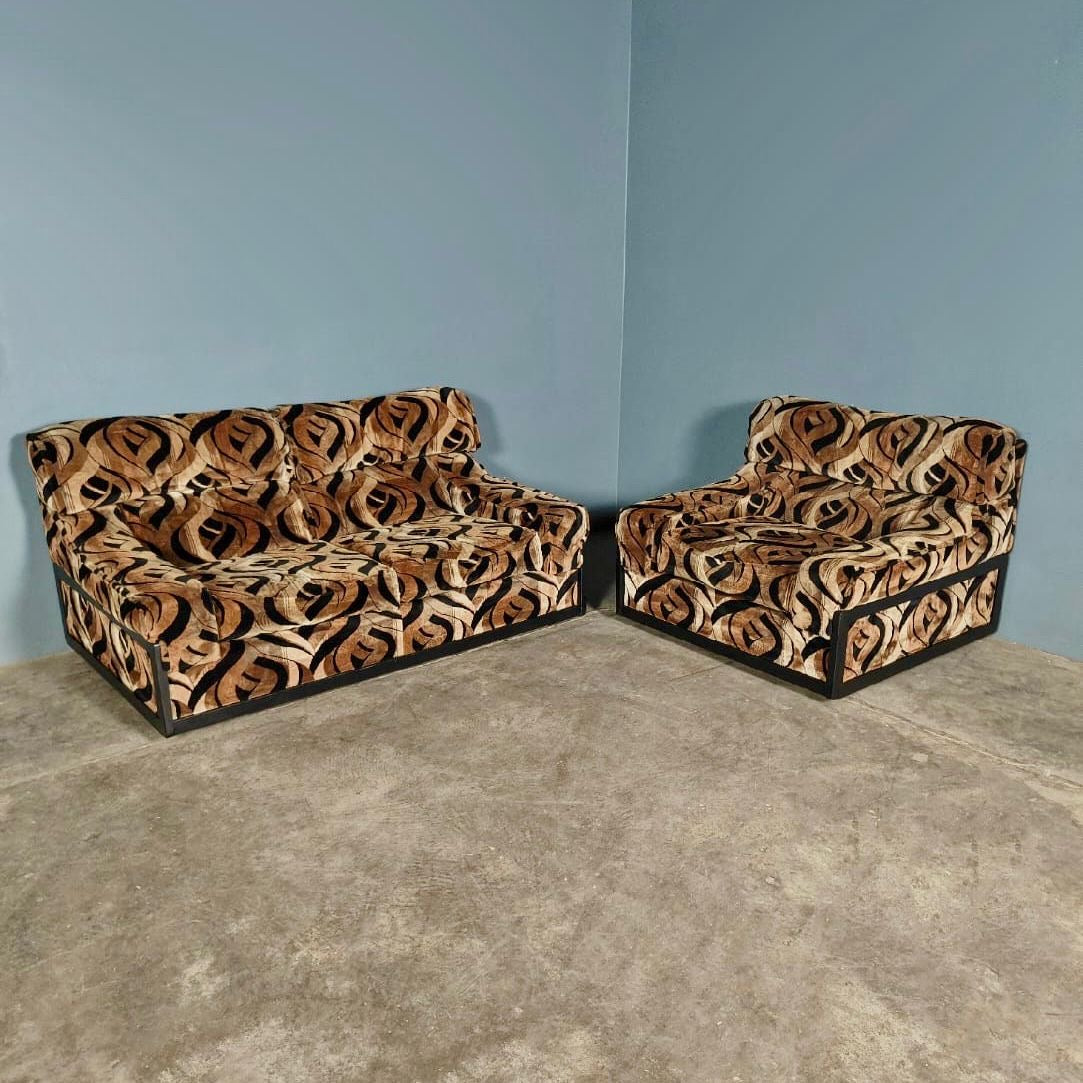 Mid Century Englender Two Seater Sofa & Armchair Geometric Pattern Vintage Retro MCM