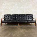 Four Seater Black Leather Teak Sofa Danish Scandinavian Mid Century Vintage Retro MCM
