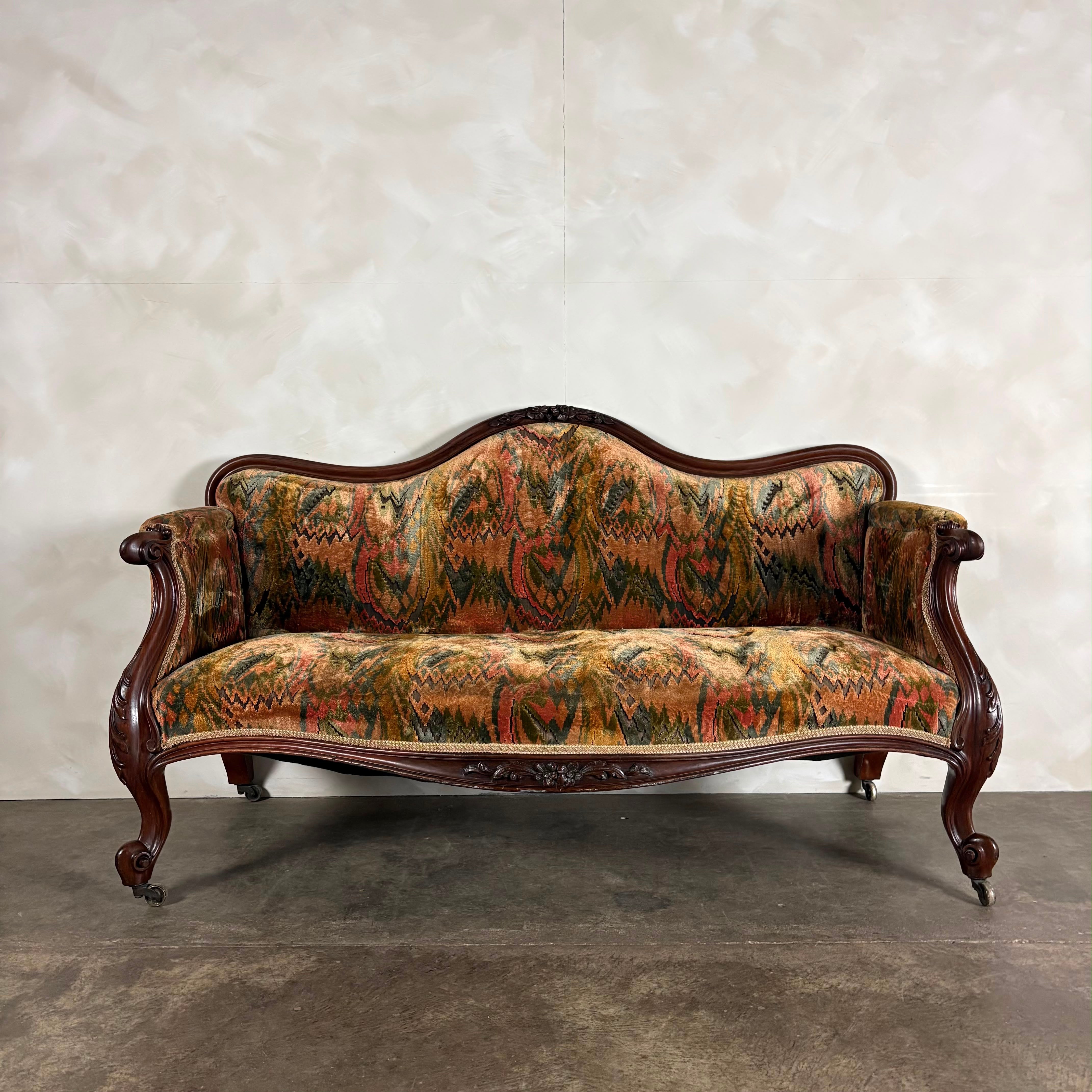 Antique Flamestitch Walnut Mahogany Canapé Three Seater Sofa Louis Style Victorian