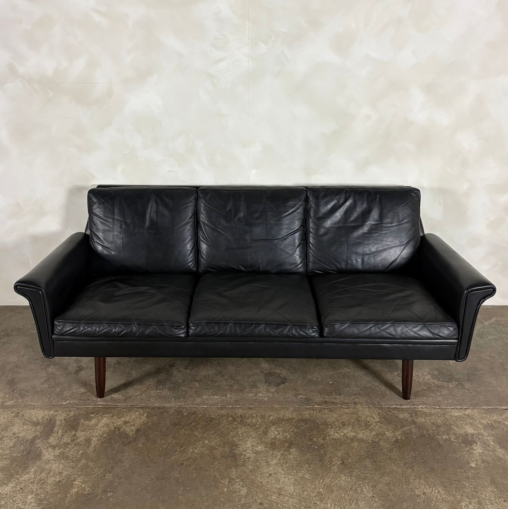 Black Leather Three Seater Sofa Danish 1960s Mid Century Vintage Retro MCM
