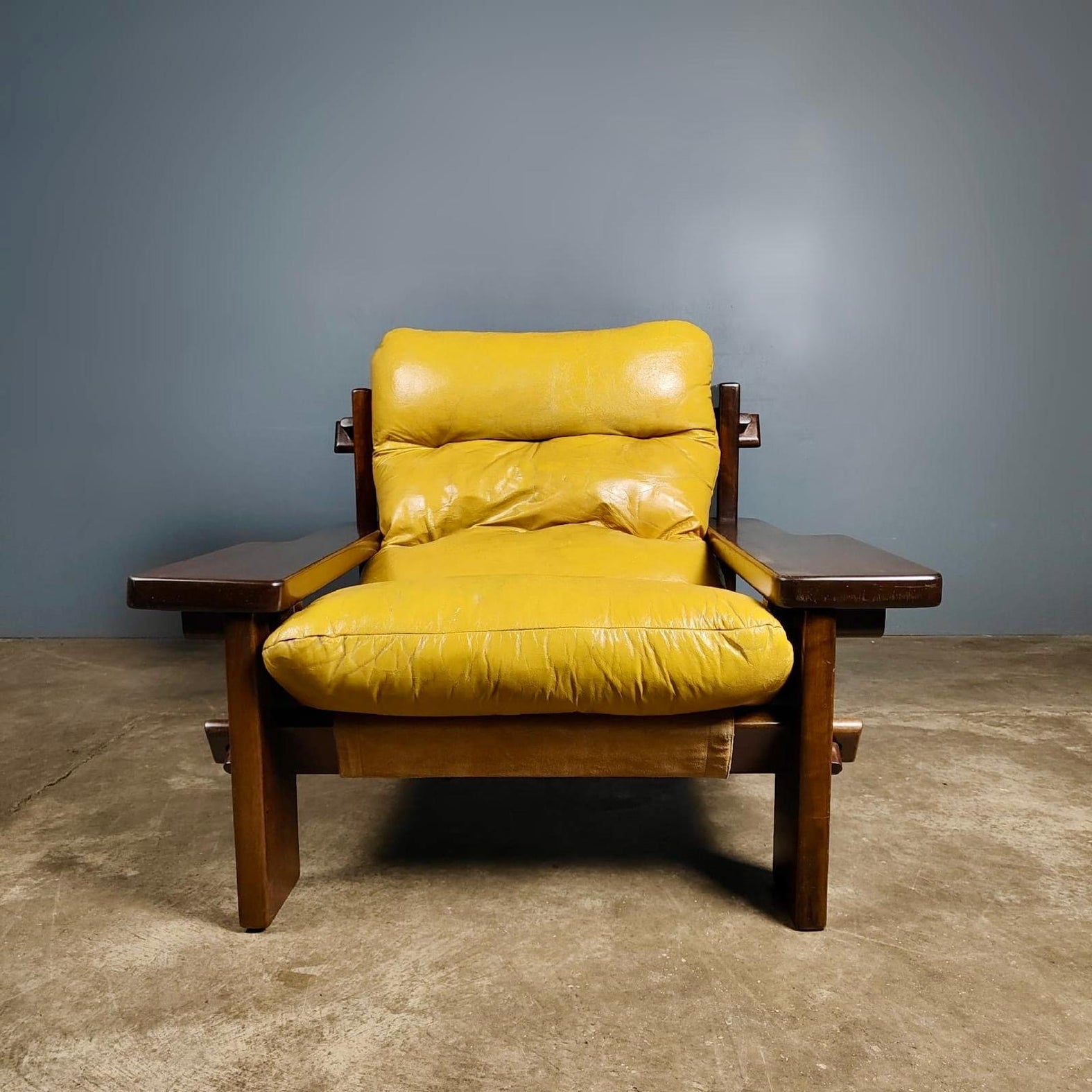 SOLD Jean Gillon For Probel Yellow Leather Lounge Chair & Coffee/Side Table Brazilian Mid Century Vintage Retro MCM