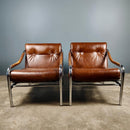 SOLD Mid Century Pair Of Pieff Beta Tan Brown Leather Lounge Chairs Vintage Retro MCM