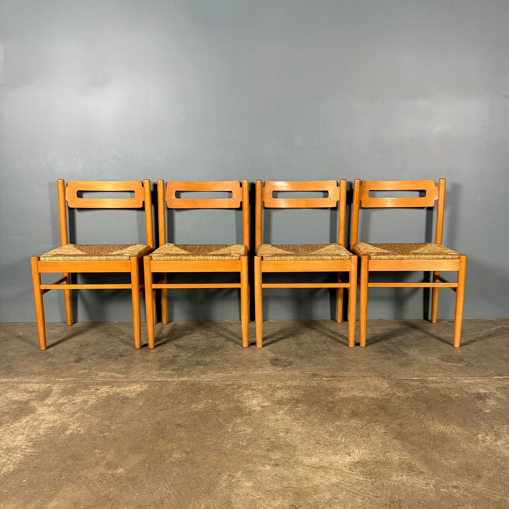 Set Of Four Rush Papercord Seat Dining Chairs Vico Magistretti Carimate Style Mid Century Vintage Retro MCM