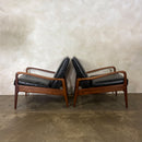 SOLD Pair Of Greaves & Thomas Teak Black Leather Lounge Chairs Mid Century Vintage Retro MCM