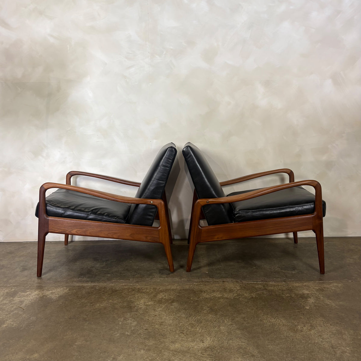SOLD Pair Of Greaves & Thomas Teak Black Leather Lounge Chairs Mid Century Vintage Retro MCM
