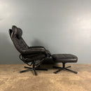 Black Leather Skoghaug Reclining Swivel Lounge Chair With Matching Footstool/Ottoman Mid Century Vintage Retro MCM