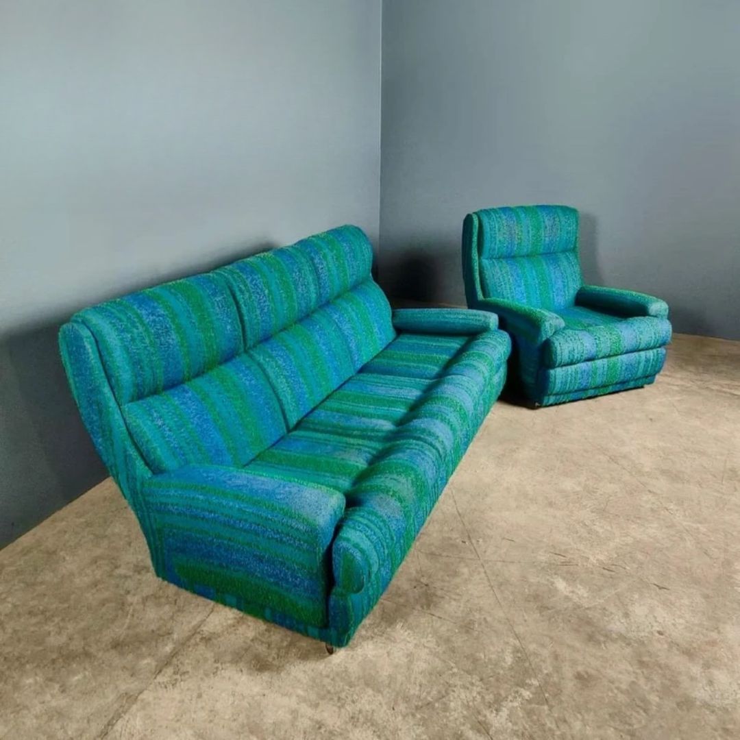 SOLD Mid Century Three Seater Sofa With Matching Armchair Blue & Green Vintage Retro MCM