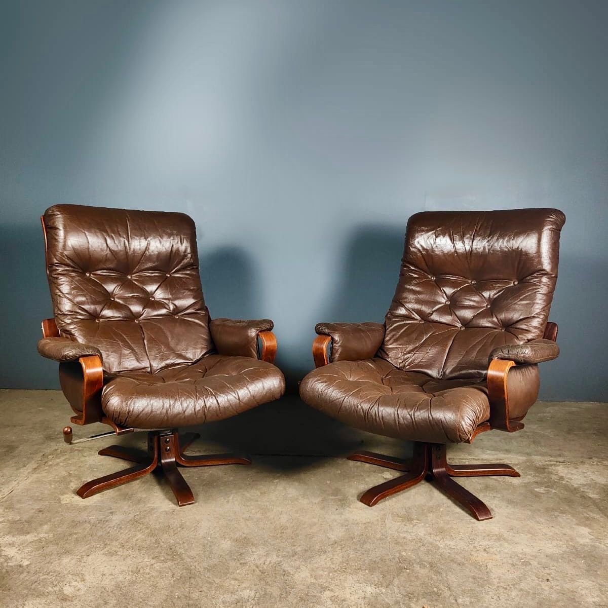 SOLD Mid Century Pair Of Göte Möbler Brown Leather Swivel Chair Lounge Armchairs Vintage Retro MCM