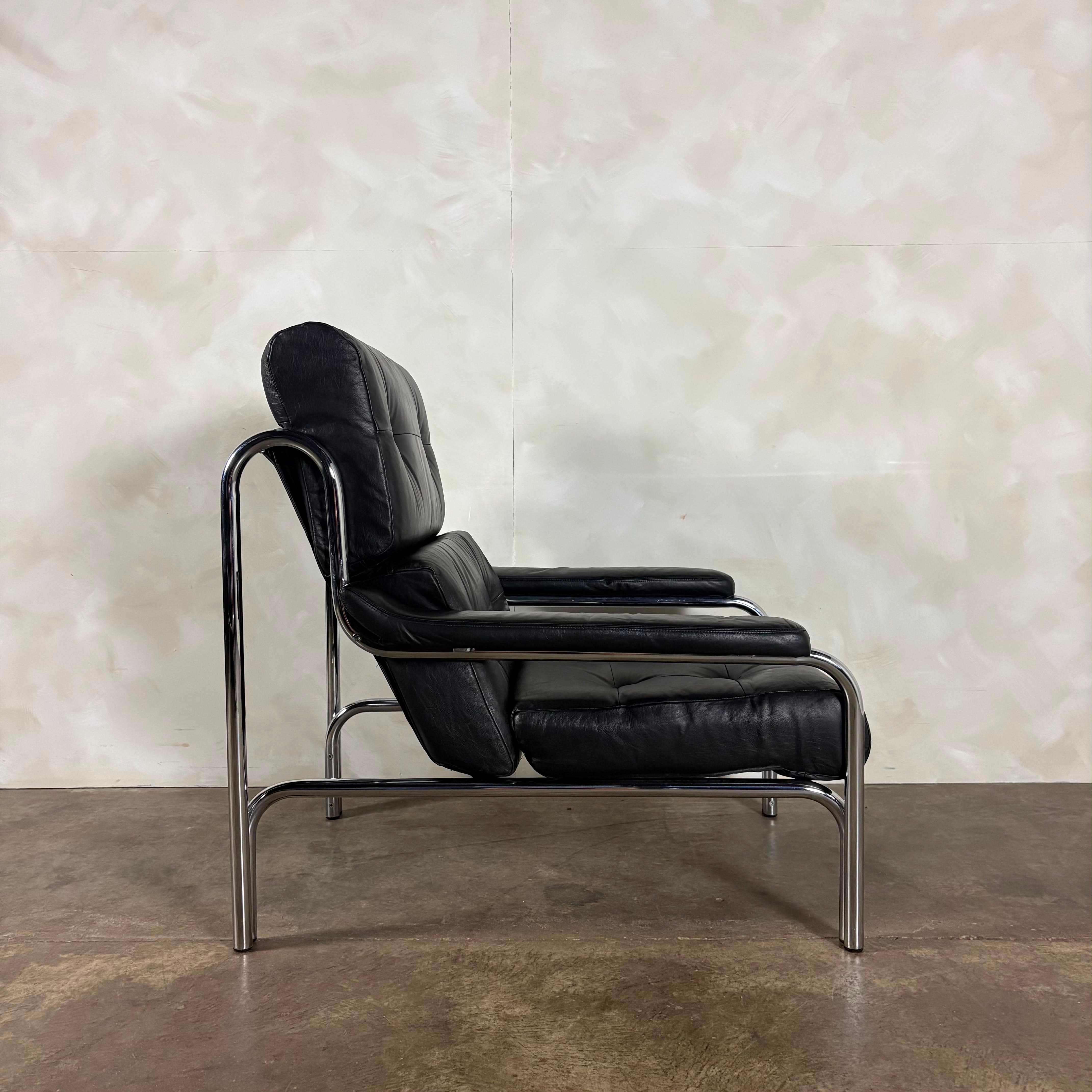 Mid Century Pieff Alpha Black Leather Three Seater Sofa With Matching Lounge Chair Vintage Retro MCM