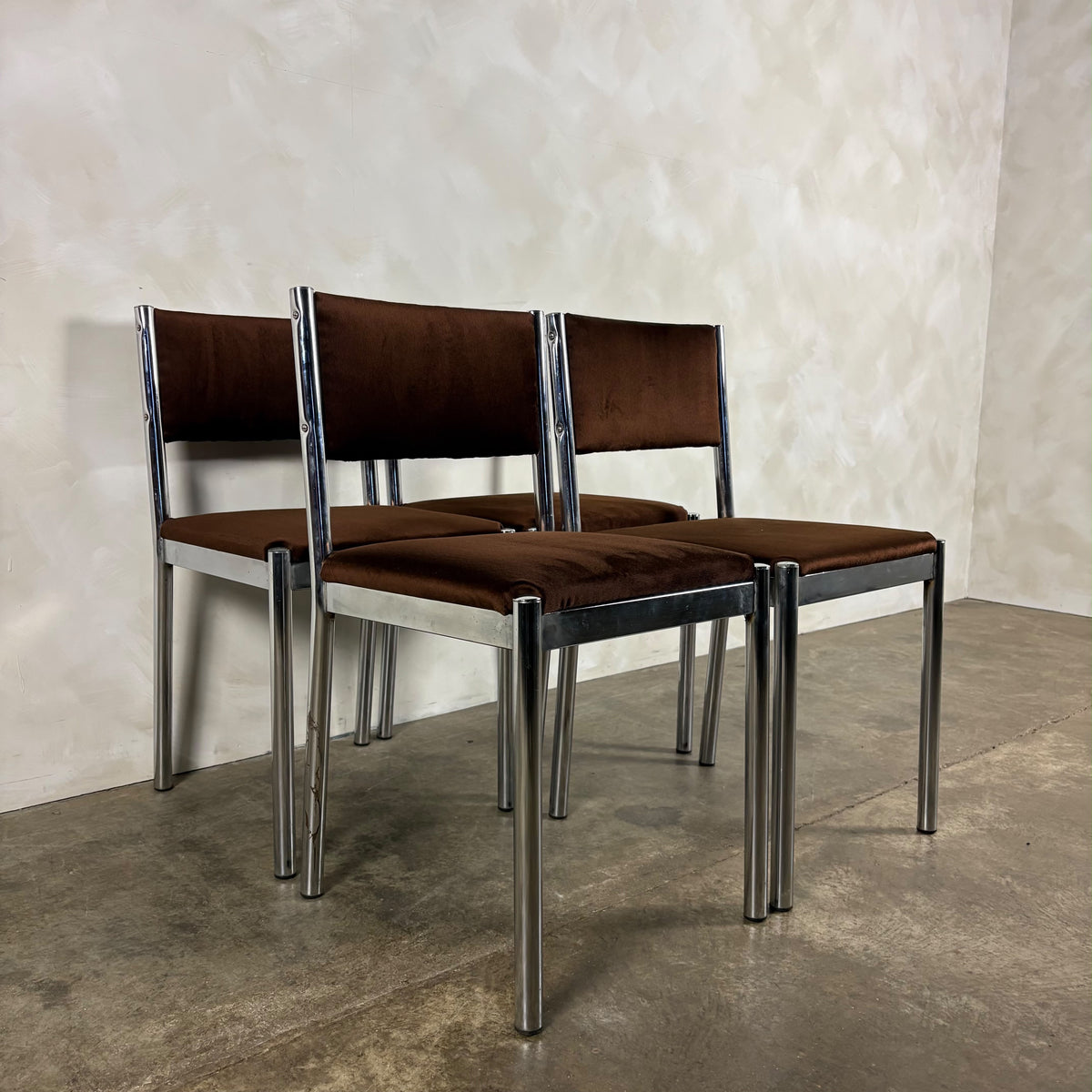 Set Of Four 1970s Chrome Brown Italian Dining Chairs Mid Century Vintage Retro MCM