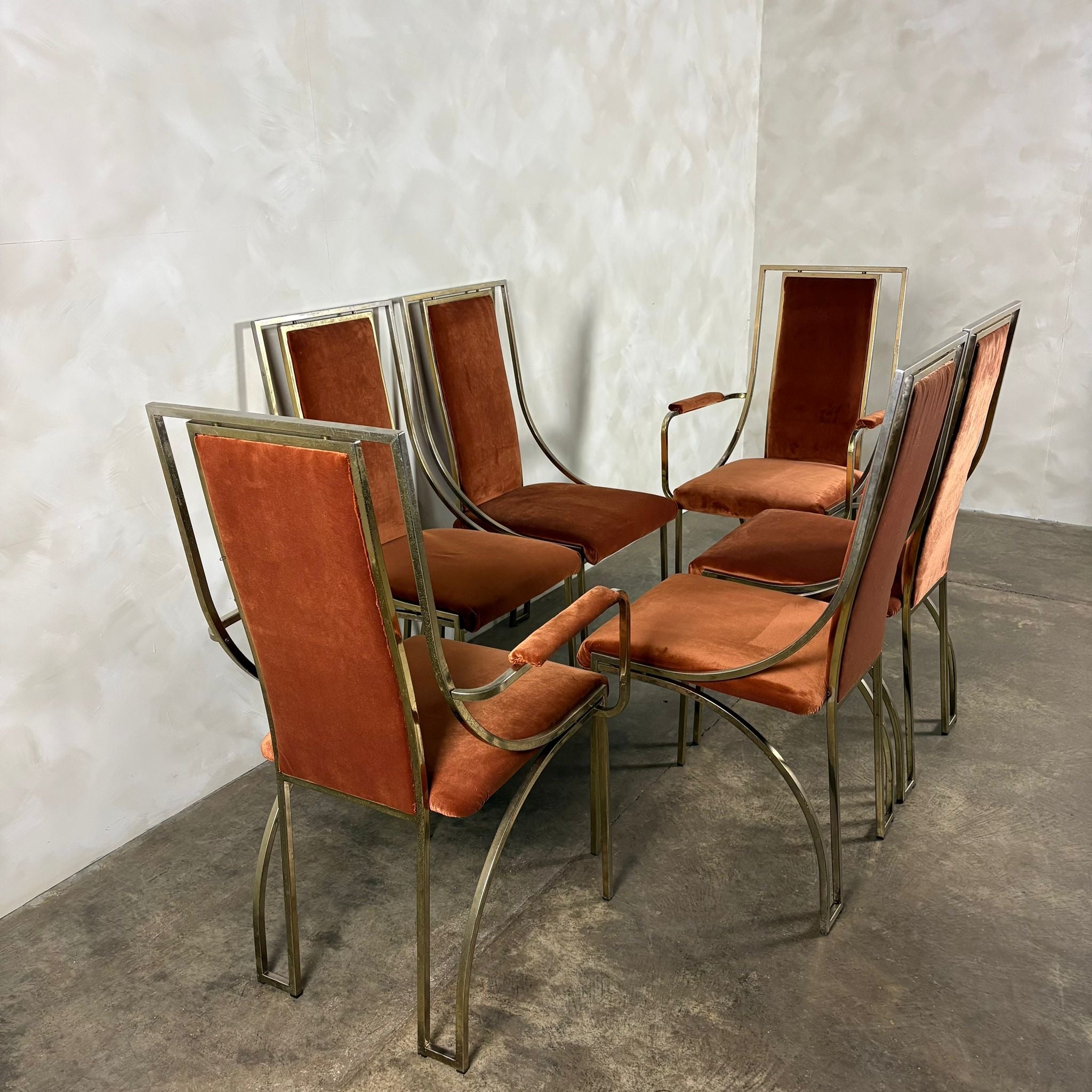 Six Italian Renato Zevi Orange Brass Dining Chairs 1970s Mid Century Vintage Retro MCM
