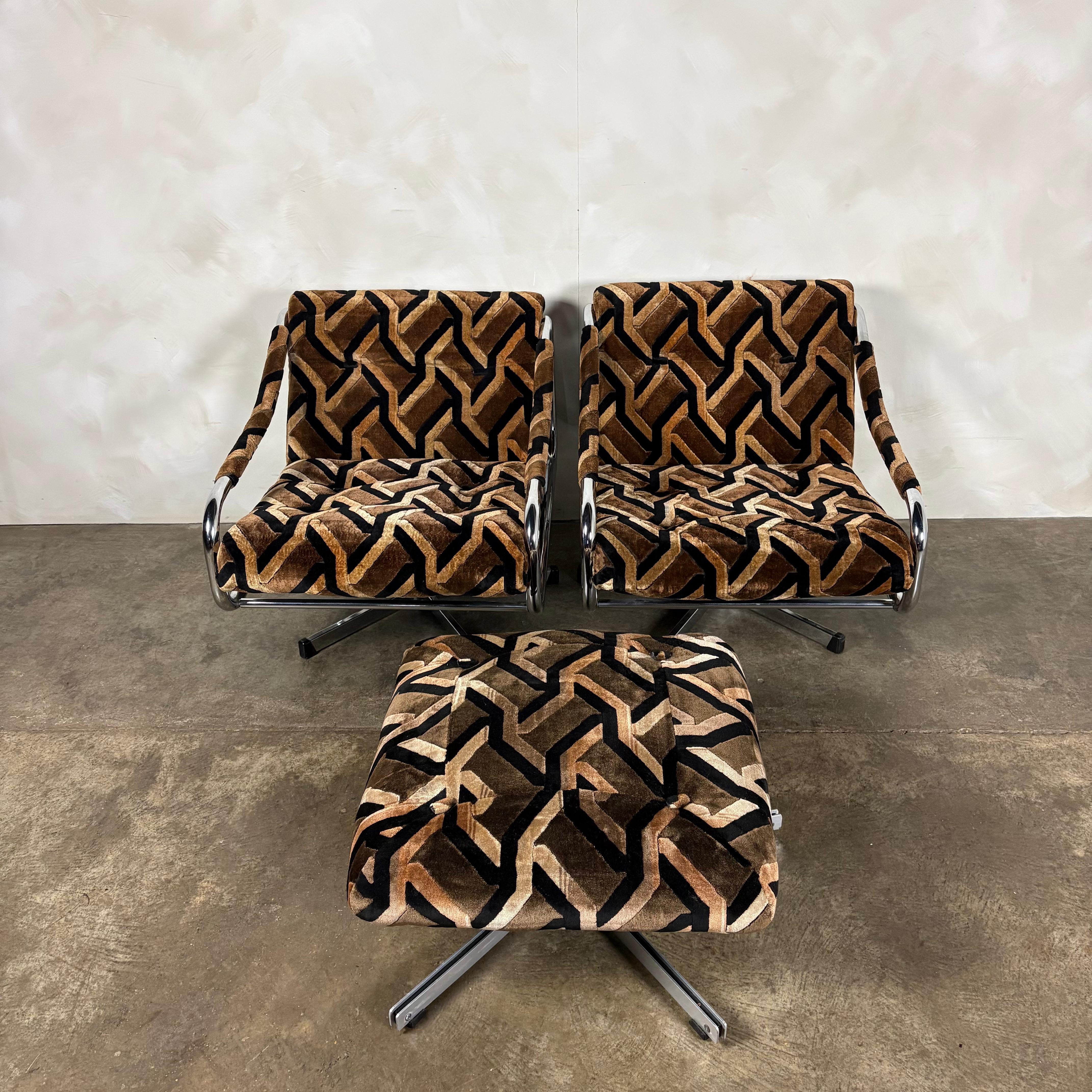 Pair Of Pieff Beta Swivel Lounge Chairs Geometric Fabric Footstool Mid Century Vintage Retro MCM