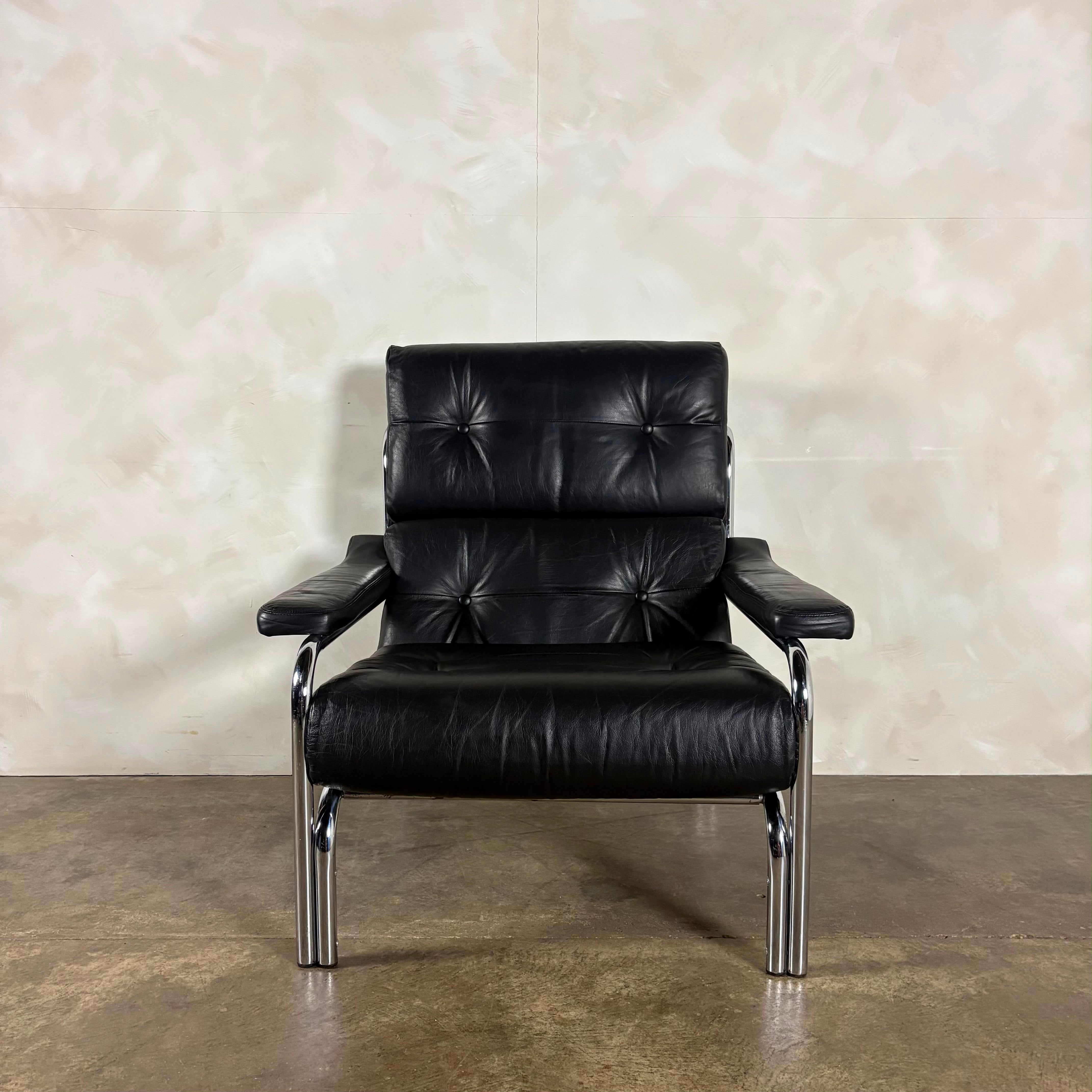 Mid Century Pieff Alpha Black Leather Three Seater Sofa With Matching Lounge Chair Vintage Retro MCM