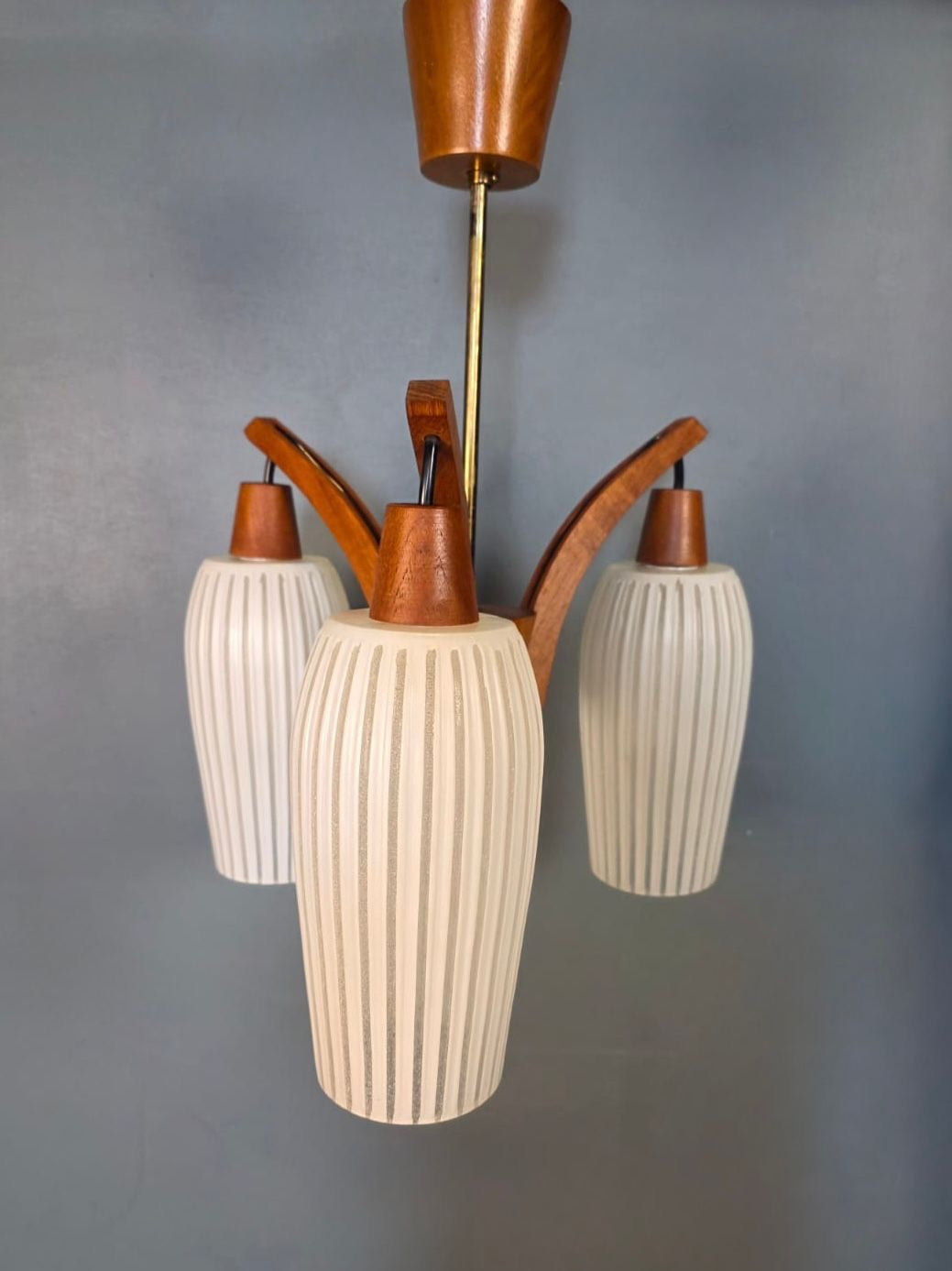 SOLD Teak Brass Glass 1960s Ceiling Pendant Light Mid Century Vintage Retro MCM