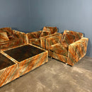Mid Century Everest Orange Striped Geometric Lounge Suite - Three Seater Sofa, Armchairs & Coffee Tables Vintage Retro MCM