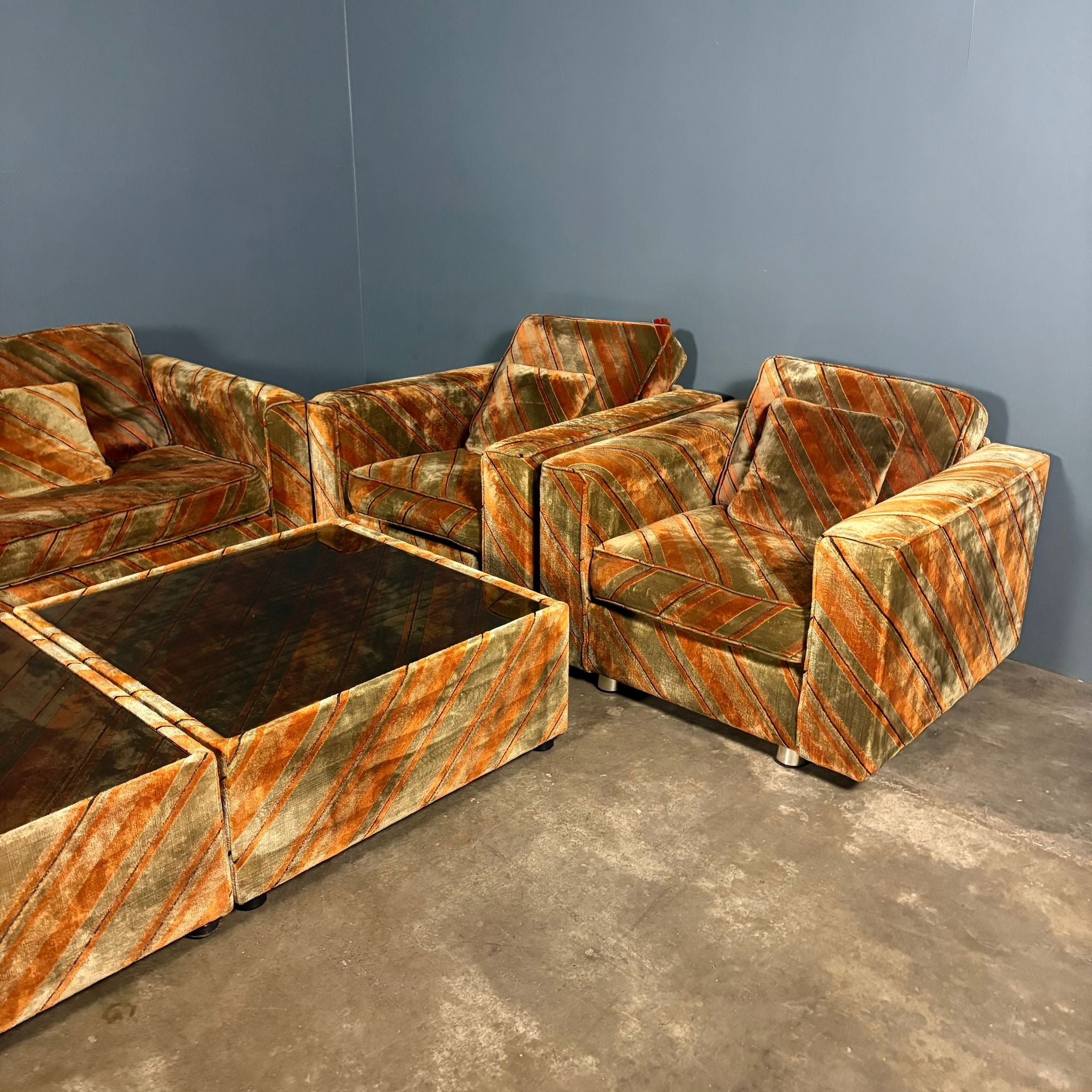 Mid Century Everest Orange Striped Geometric Lounge Suite - Three Seater Sofa, Armchairs & Coffee Tables Vintage Retro MCM
